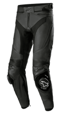 Alpinestars Missile V3 Airflow Leather Pants, Black Motorcycle Racing Pants, premium perforated leather construction for maximum ventilation, reinforced knee sliders with ONE GOAL ONE VISION branding, accordion stretch panels for flexibility, zippered pockets and waist adjustment, sleek black design for sport and track performance