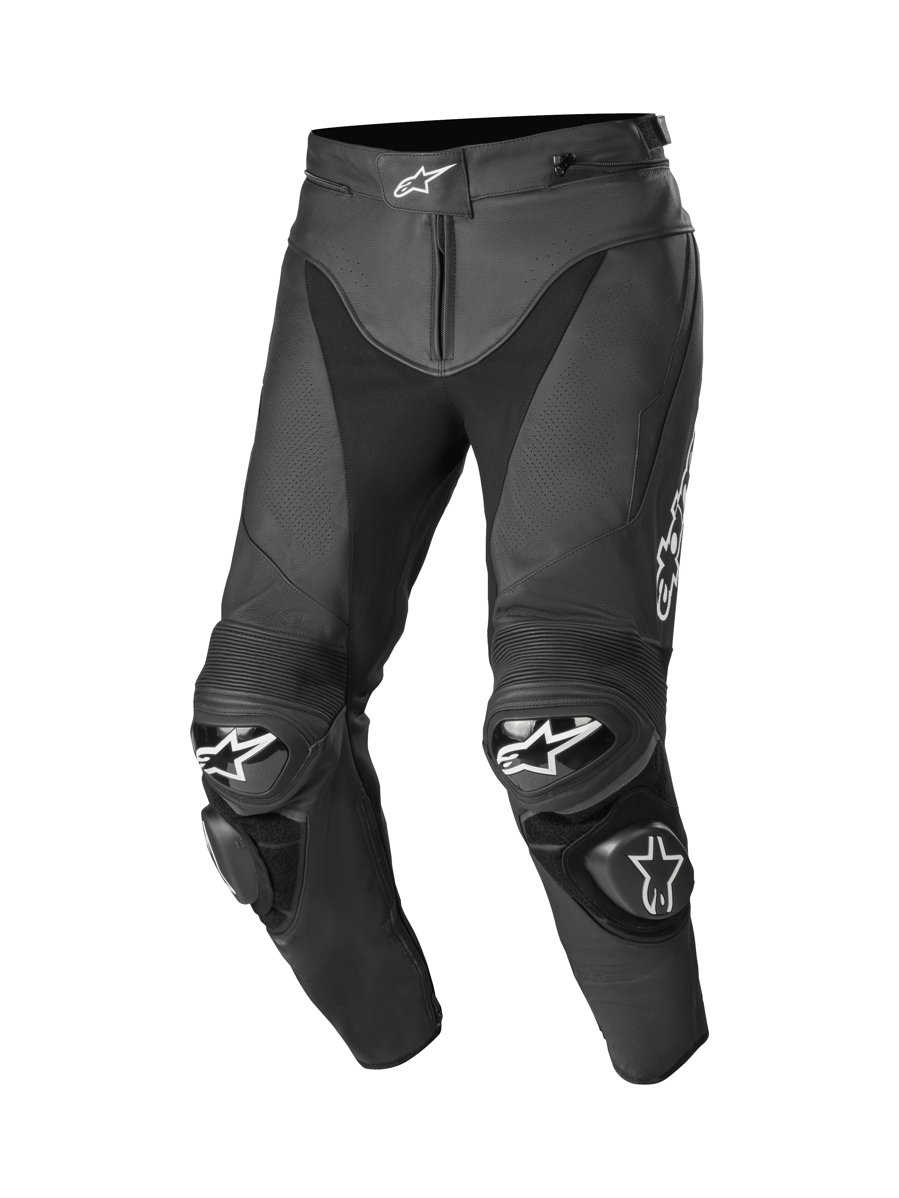 Alpinestars Track V2 läderbyxor, svarta racingbyxor för motorcykel, vita stjärnlogotyper på midja och knän, perforerad läderkonstruktion, dragspelspaneler ovanför knäna och utbytbara knäpuckar i TPU, premium 1,3 mm nötläder med förböjd benkonstruktion för racingprestanda