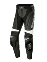 Alpinestars Stella Missile V3 Leather Pants, Women's Motorcycle Racing Pants, Black and White, featuring accordion stretch panels above the knees, integrated knee sliders with Alpinestars logo, white accent bands, and a streamlined fit for sport and track riding.