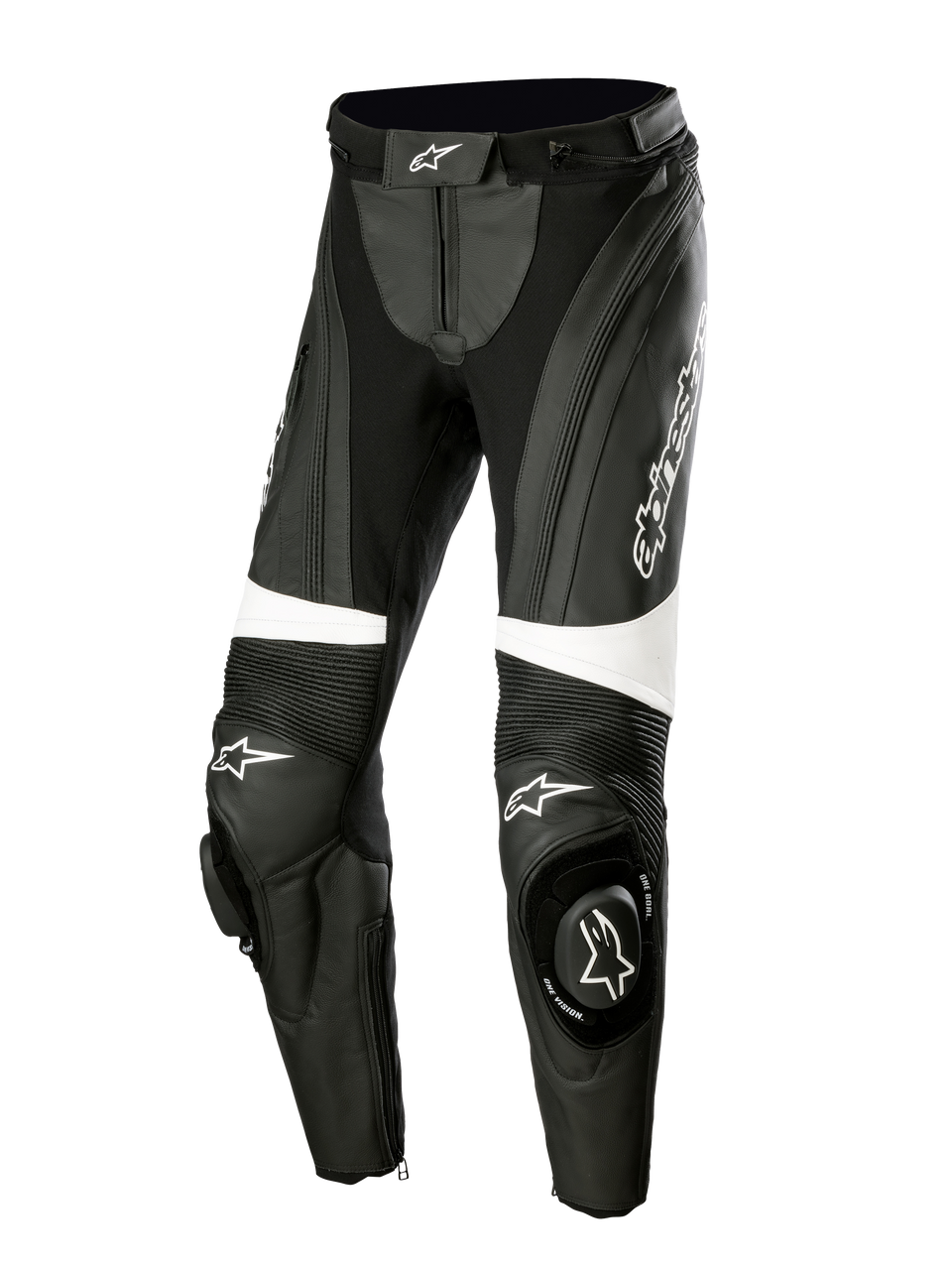 Alpinestars Stella Missile V3 läderbyxor, MC-racingbyxor för dam, svart och vit, med dragspelspaneler i stretch ovanför knäna, integrerade knäpuckar med Alpinestars-logotyp, vita accentband och en strömlinjeformad passform för sport- och banåkning.