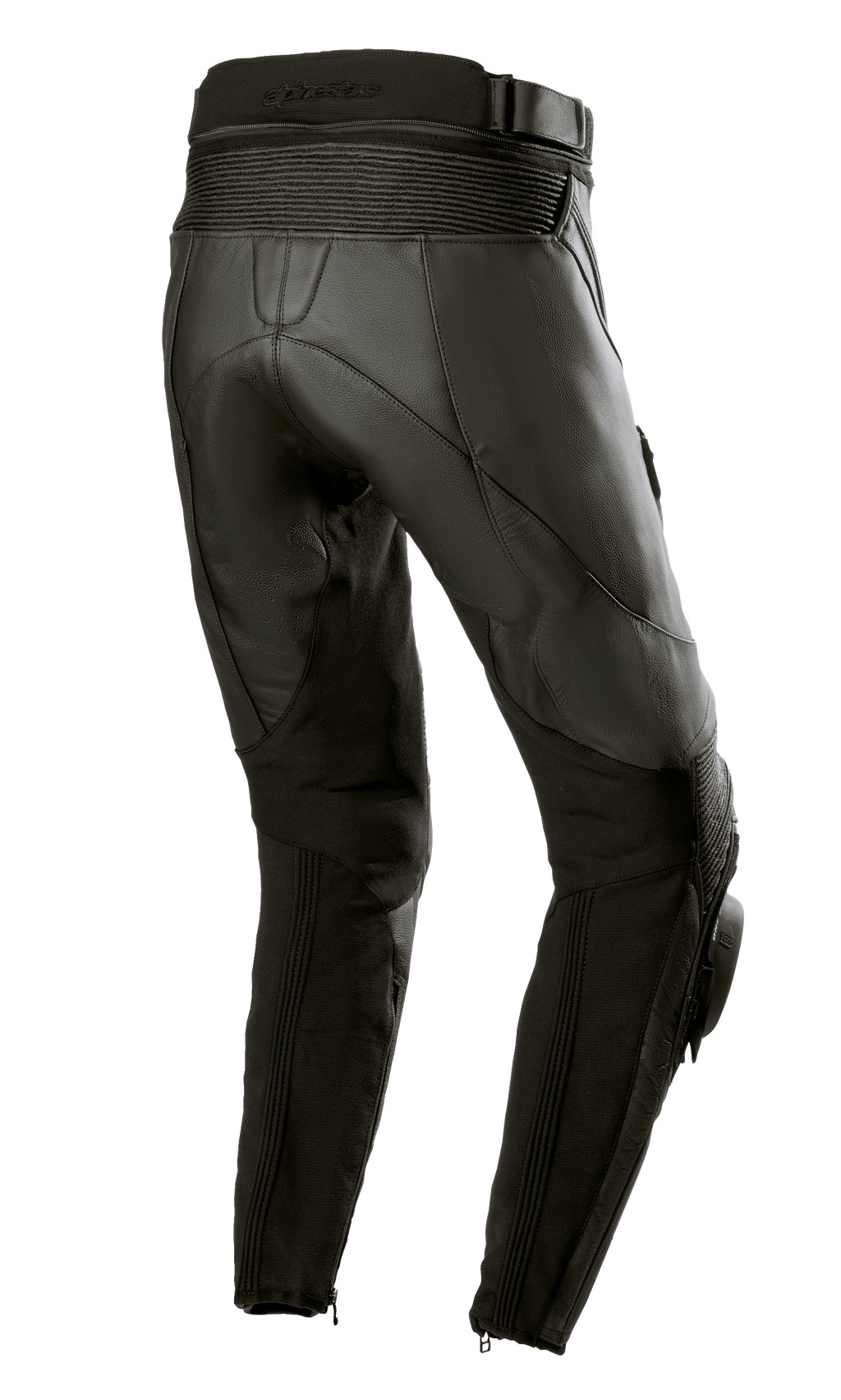 Alpinestars Stella Missile V3 läderbyxor för damer, svarta, vy bakifrån som visar hög bakre midja och dragspelsläderpaneler ovanför knät, premiumkonstruktion i nötläder med stretchpaneler på vaderna och dragkedjor vid anklarna, designade för racing och sportkörning.