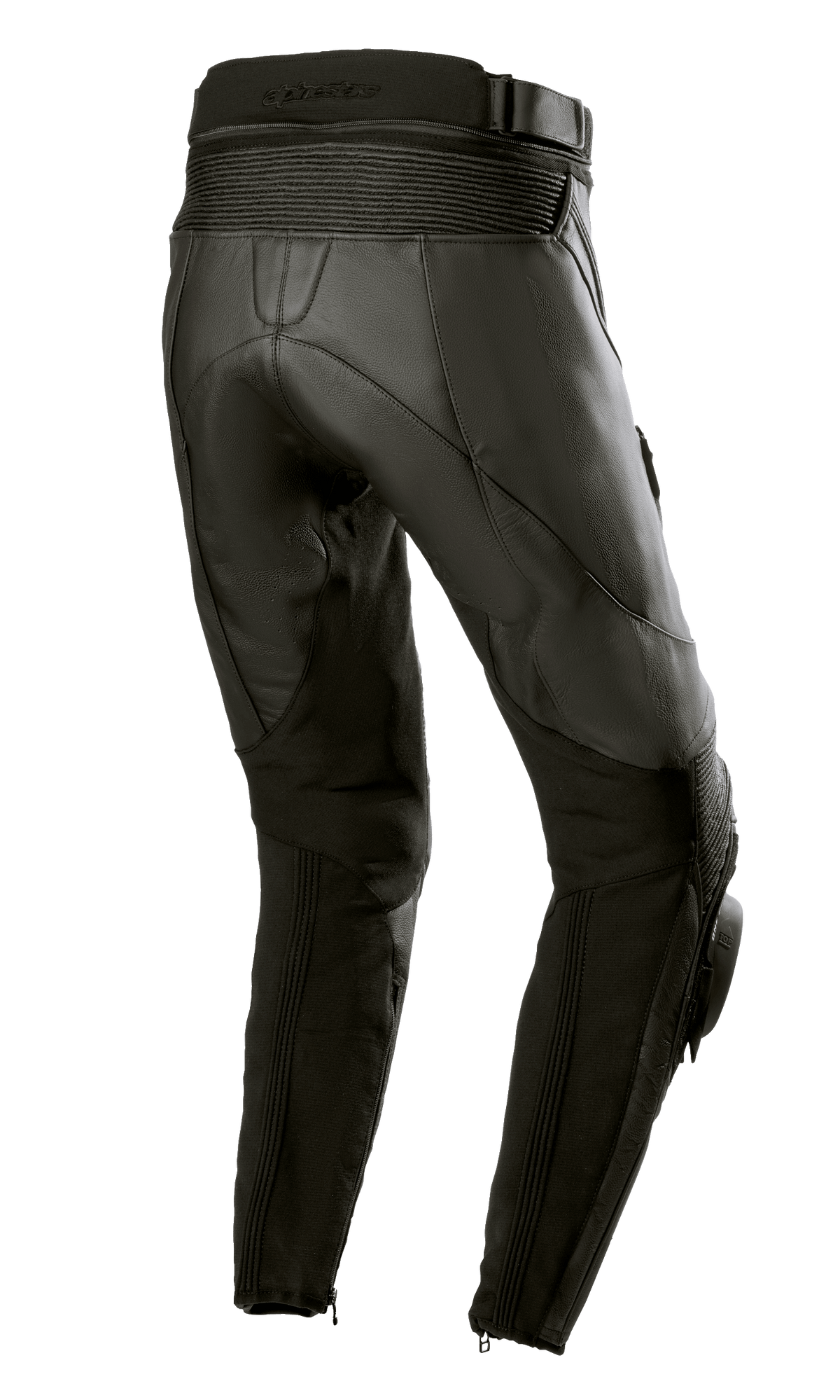 Alpinestars Stella Missile V3 läderbyxor för damer, svarta, vy bakifrån som visar hög bakre midja och dragspelsläderpaneler ovanför knät, premiumkonstruktion i nötläder med stretchpaneler på vaderna och dragkedjor vid anklarna, designade för racing och sportkörning.