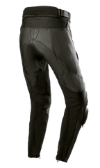 Alpinestars Stella Missile V3 läderbyxor för damer, svarta, vy bakifrån som visar hög bakre midja och dragspelsläderpaneler ovanför knät, premiumkonstruktion i nötläder med stretchpaneler på vaderna och dragkedjor vid anklarna, designade för racing och sportkörning.