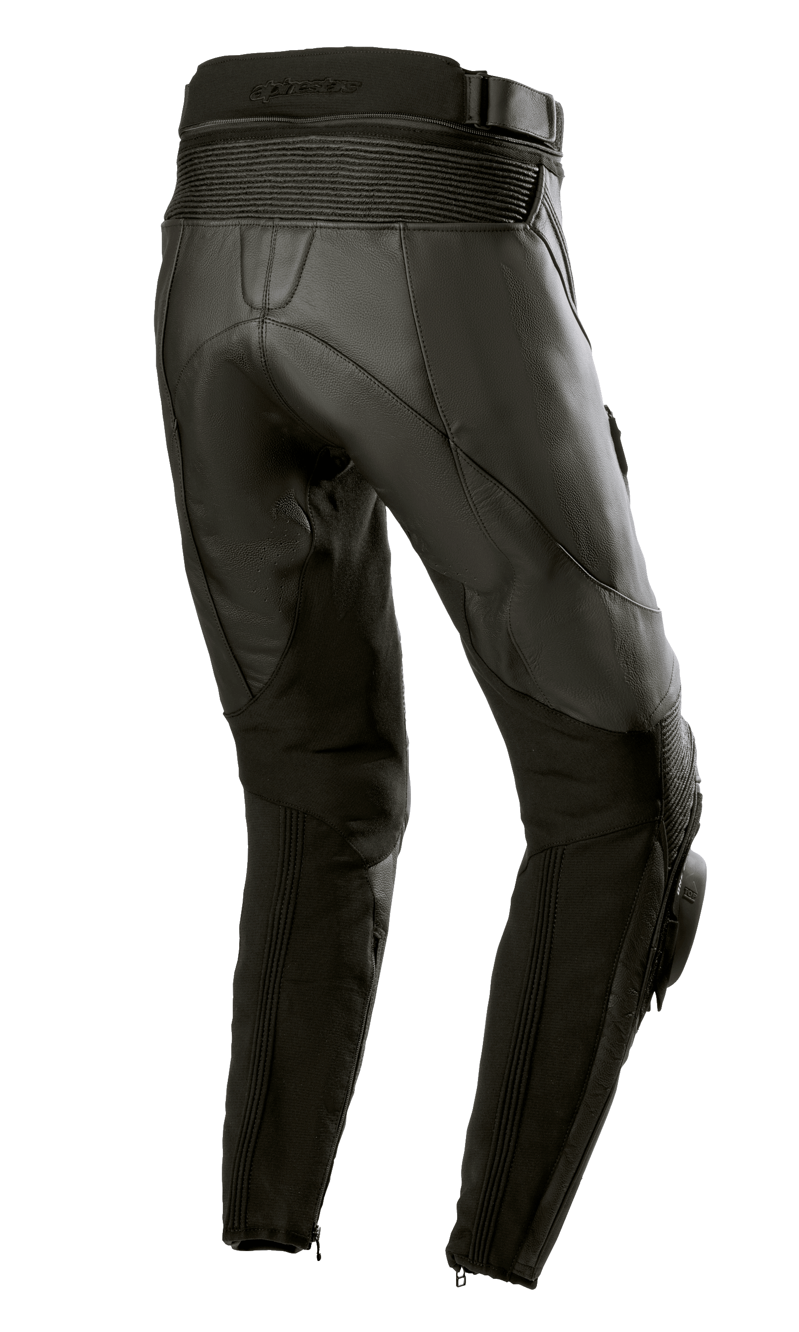 Alpinestars Stella Missile V3 läderbyxor för damer, svarta, vy bakifrån som visar hög bakre midja och dragspelsläderpaneler ovanför knät, premiumkonstruktion i nötläder med stretchpaneler på vaderna och dragkedjor vid anklarna, designade för racing och sportkörning.