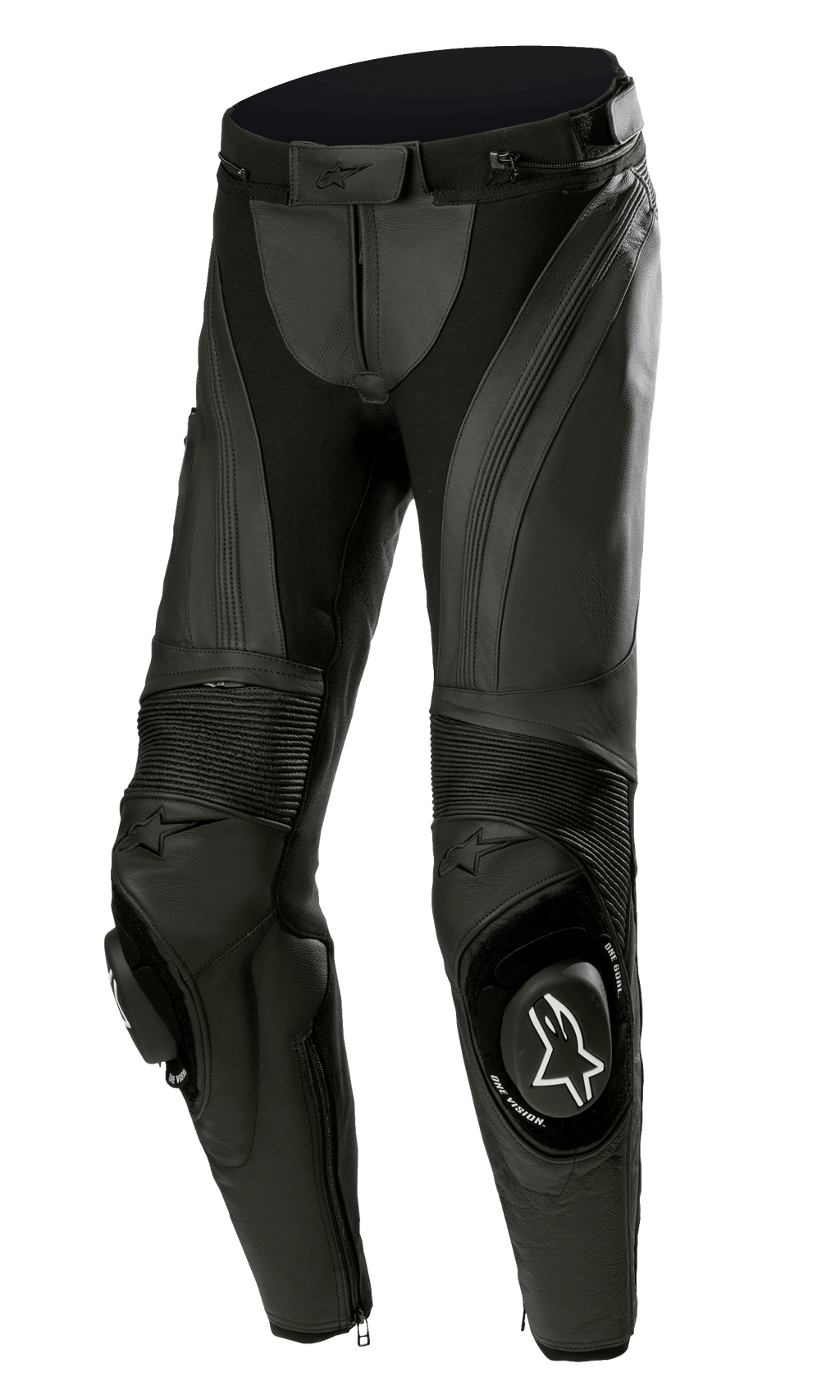 Alpinestars Stella Missile V3 läderbyxor, racingbyxor för motorcykel för damer, svarta, med premiumläder, dragspelspaneler i stretch, utbytbara knäpuckar med vit Alpinestars-logotyp och ergonomisk, förböjd design