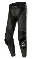 Alpinestars Stella Missile V3 läderbyxor, racingbyxor för motorcykel för damer, svarta, med premiumläder, dragspelspaneler i stretch, utbytbara knäpuckar med vit Alpinestars-logotyp och ergonomisk, förböjd design