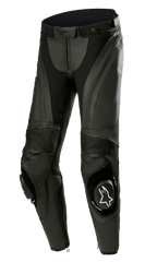 Alpinestars Stella Missile V3 läderbyxor, racingbyxor för motorcykel för damer, svarta, med premiumläder, dragspelspaneler i stretch, utbytbara knäpuckar med vit Alpinestars-logotyp och ergonomisk, förböjd design