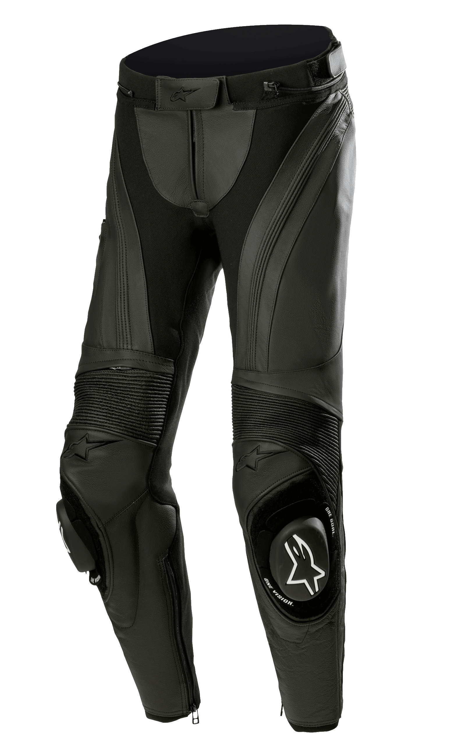 Alpinestars Stella Missile V3 läderbyxor, racingbyxor för motorcykel för damer, svarta, med premiumläder, dragspelspaneler i stretch, utbytbara knäpuckar med vit Alpinestars-logotyp och ergonomisk, förböjd design