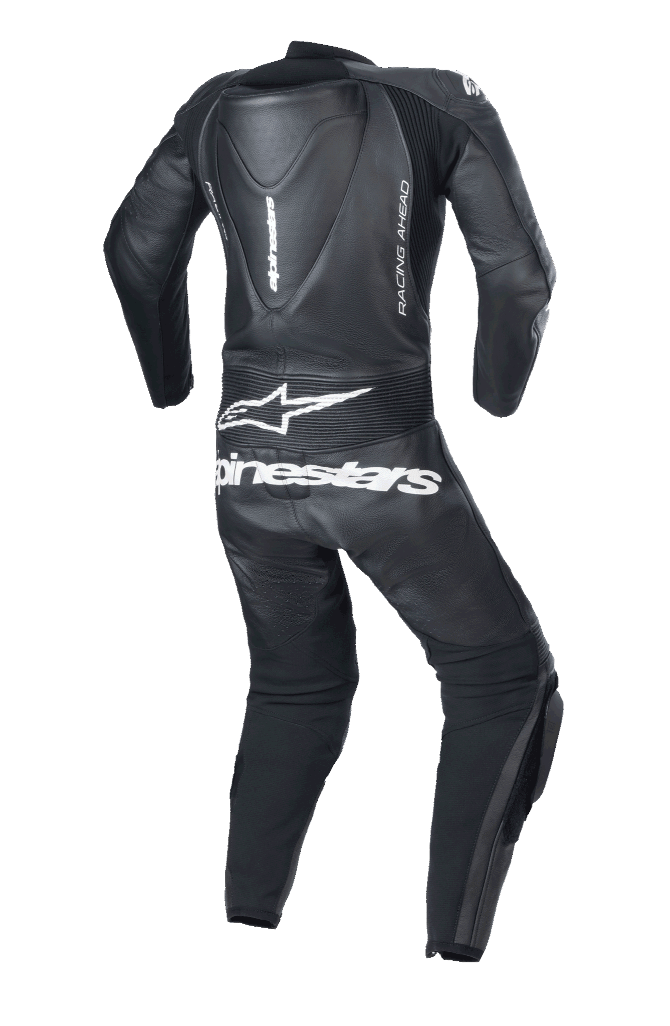 Alpinestars Youth GP Plus V2 endelat skinnställ, svart, vy bakifrån med en aerodynamisk puckel, vit Alpinestars-logotyp och text på nedre delen av ryggen, 'RACING AHEAD'-märkning på sidan och dragspelspaneler i stretch för rörlighet.