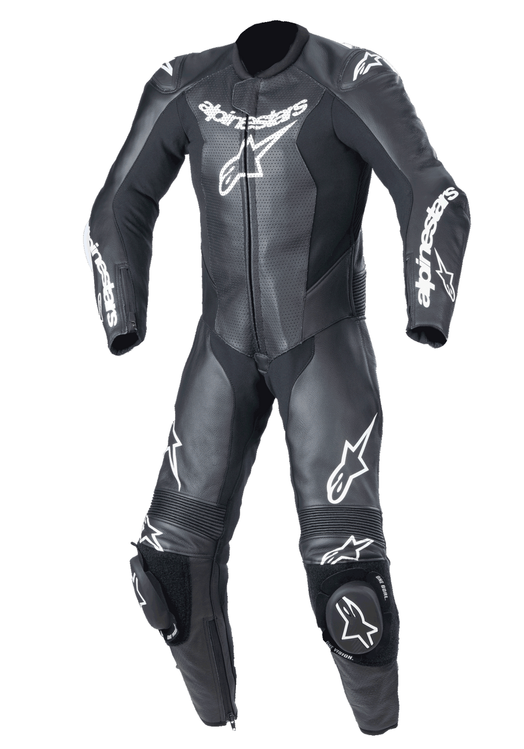 Alpinestars Youth GP Plus V2 1-delat skinnställ, racingoverall för ungdom, svart med vit Alpinestars-logotyp, perforerade läderpaneler på bröstet, integrerade knäpuckar, dragspelspaneler på knän och axlar, professionell banredo design för juniorförare