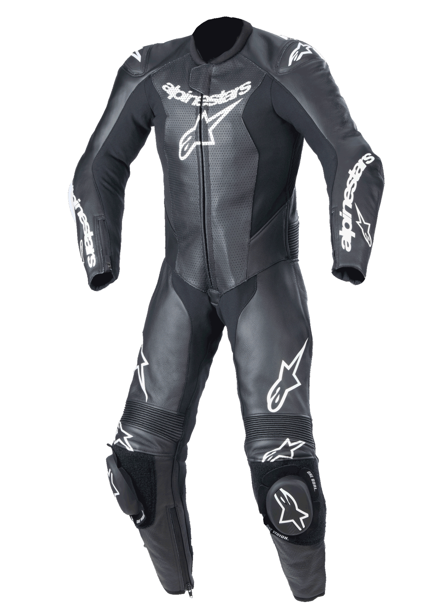 Alpinestars Youth GP Plus V2 1-delat skinnställ, racingoverall för ungdom, svart med vit Alpinestars-logotyp, perforerade läderpaneler på bröstet, integrerade knäpuckar, dragspelspaneler på knän och axlar, professionell banredo design för juniorförare