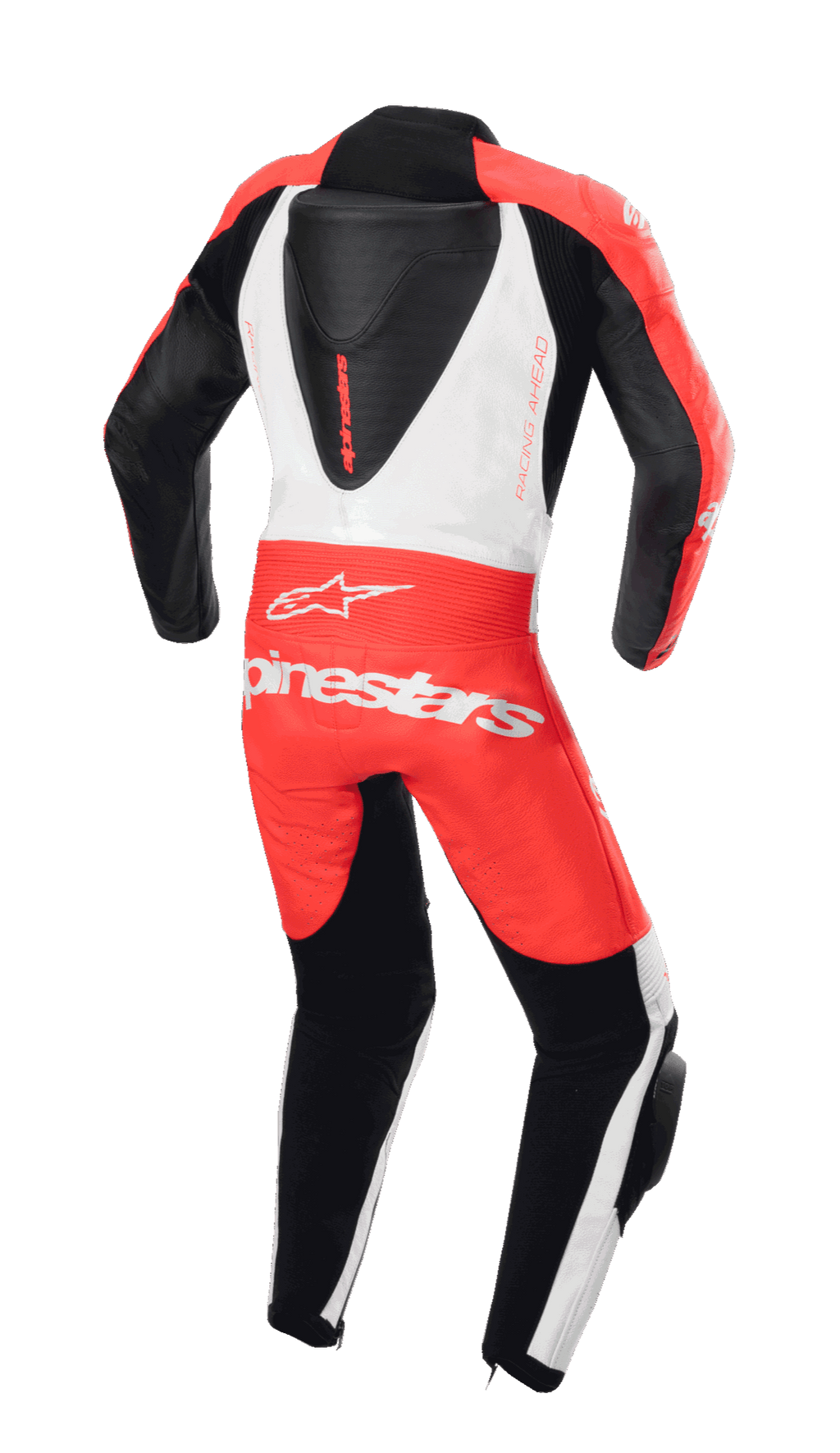 Alpinestars Ungdom GP Plus V2 endelat skinnställ, vy bakifrån, röd fluo, vit och svart, med aerodynamisk ryggpuckel och Alpinestars logotyp, professionell racingdesign för unga förare