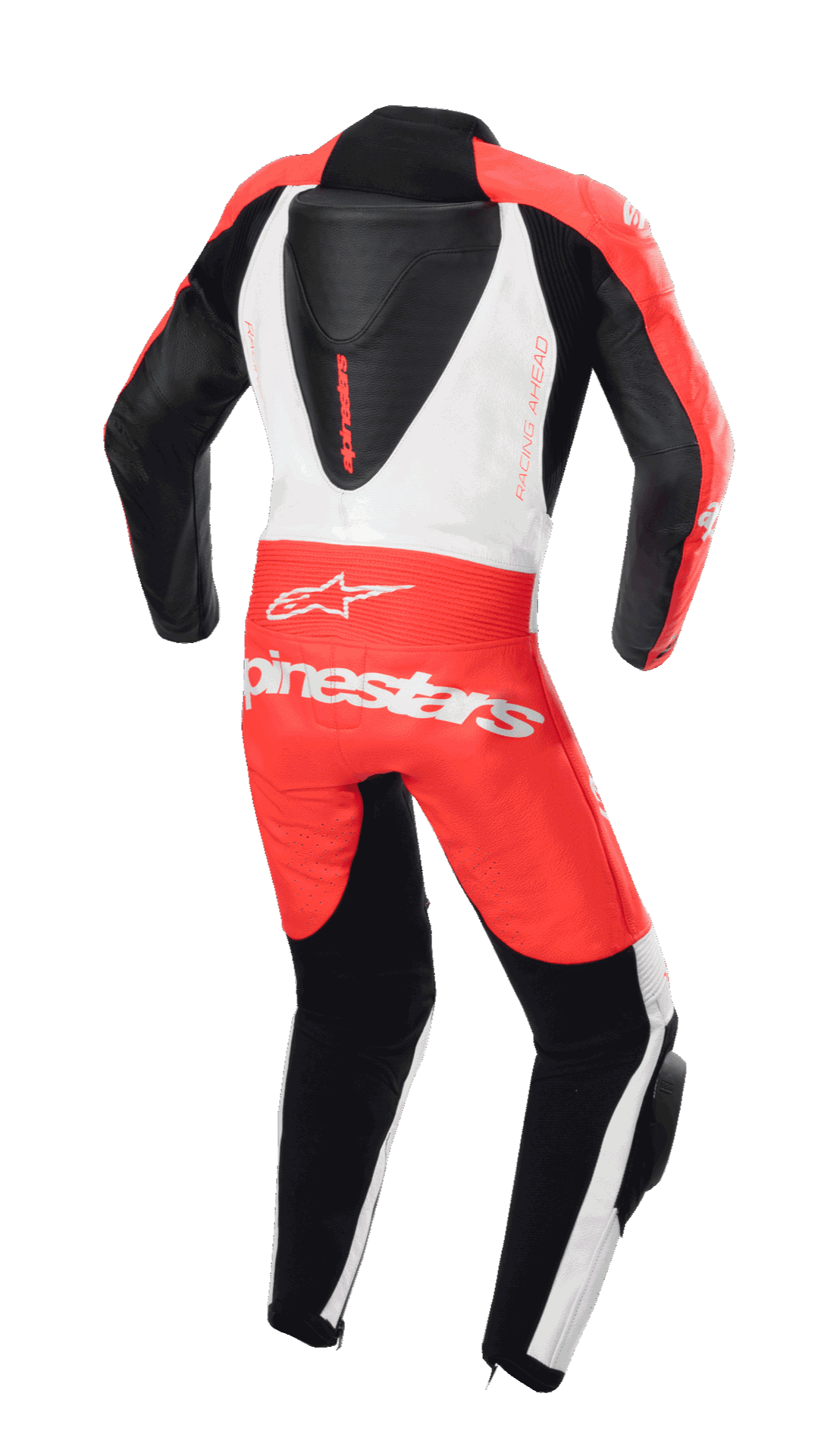 Alpinestars Ungdom GP Plus V2 endelat skinnställ, vy bakifrån, röd fluo, vit och svart, med aerodynamisk ryggpuckel och Alpinestars logotyp, professionell racingdesign för unga förare