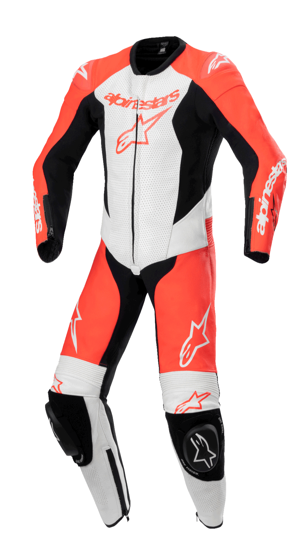 Alpinestars Youth GP Plus V2 endelat skinnställ, motorcykelracingställ, röd fluo, vit och svart, med perforerade ventilationspaneler, svarta knäpuckar med Astar-logotyp och aerodynamisk racingpassform för unga förare