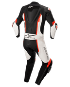 Alpinestars Missile V2 endelat skinnställ, svart, vit och röd fluo, vy bakifrån med aerodynamisk ryggpuckel, Tech-Air Ready-märkning och Alpinestars-logotyp, premium skinnställ för racing