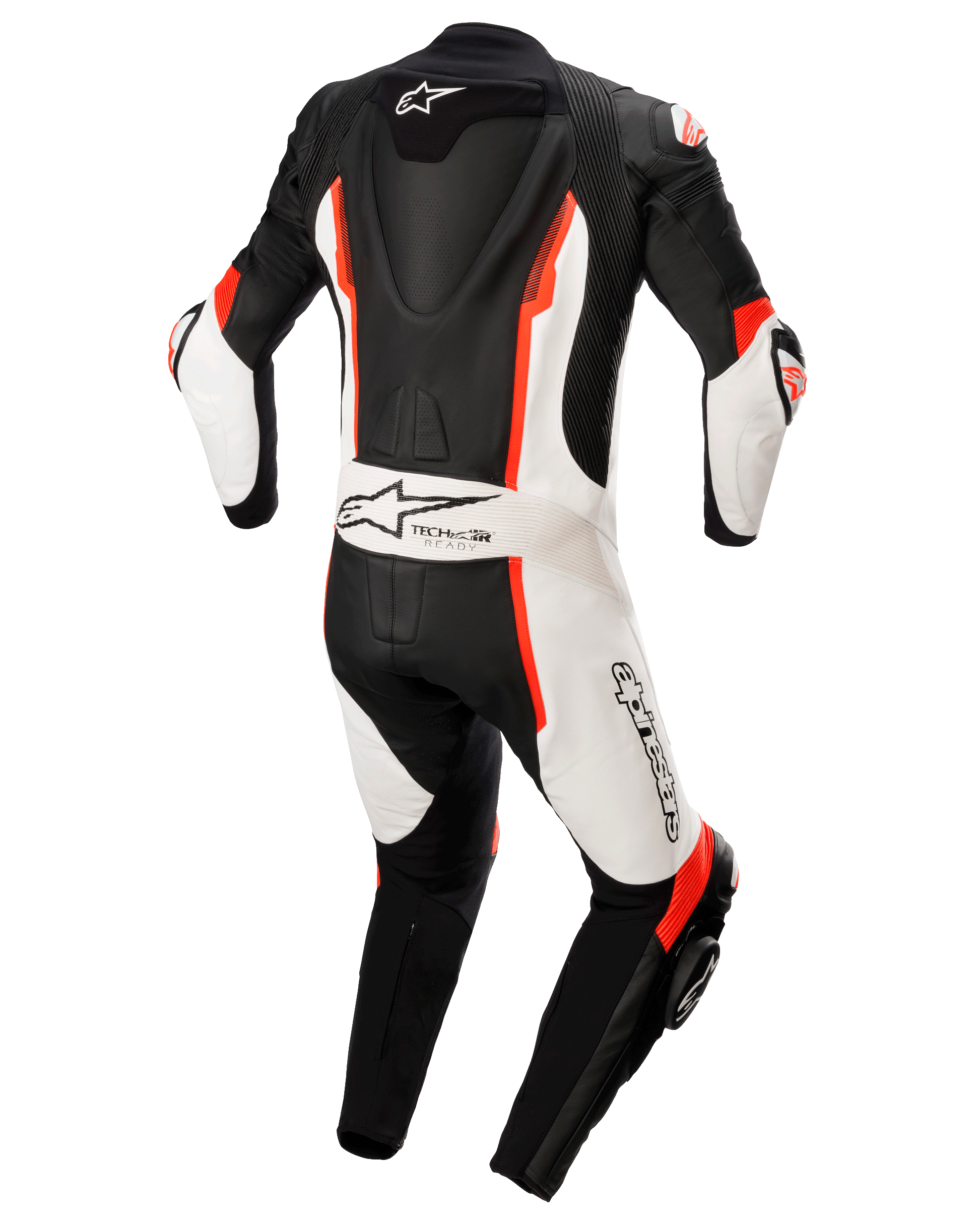 Alpinestars Missile V2 endelat skinnställ, svart, vit och röd fluo, vy bakifrån med aerodynamisk ryggpuckel, Tech-Air Ready-märkning och Alpinestars-logotyp, premium skinnställ för racing