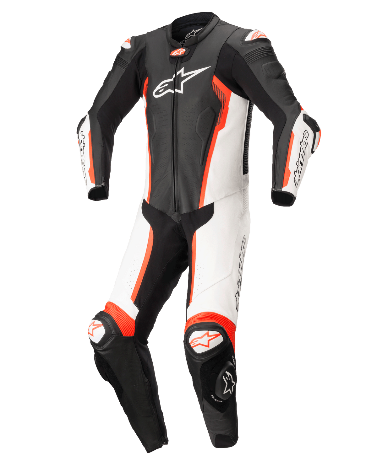 Alpinestars Missile V2 endelat skinnställ, racing-skinnställ, svart, vitt och röd fluo, med en förformad ergonomisk design, vita och svarta paneler, livfulla detaljer i röd fluo, framträdande Alpinestars-logotyp på bröstet och knäpuckar, framtaget för högpresterande racing
