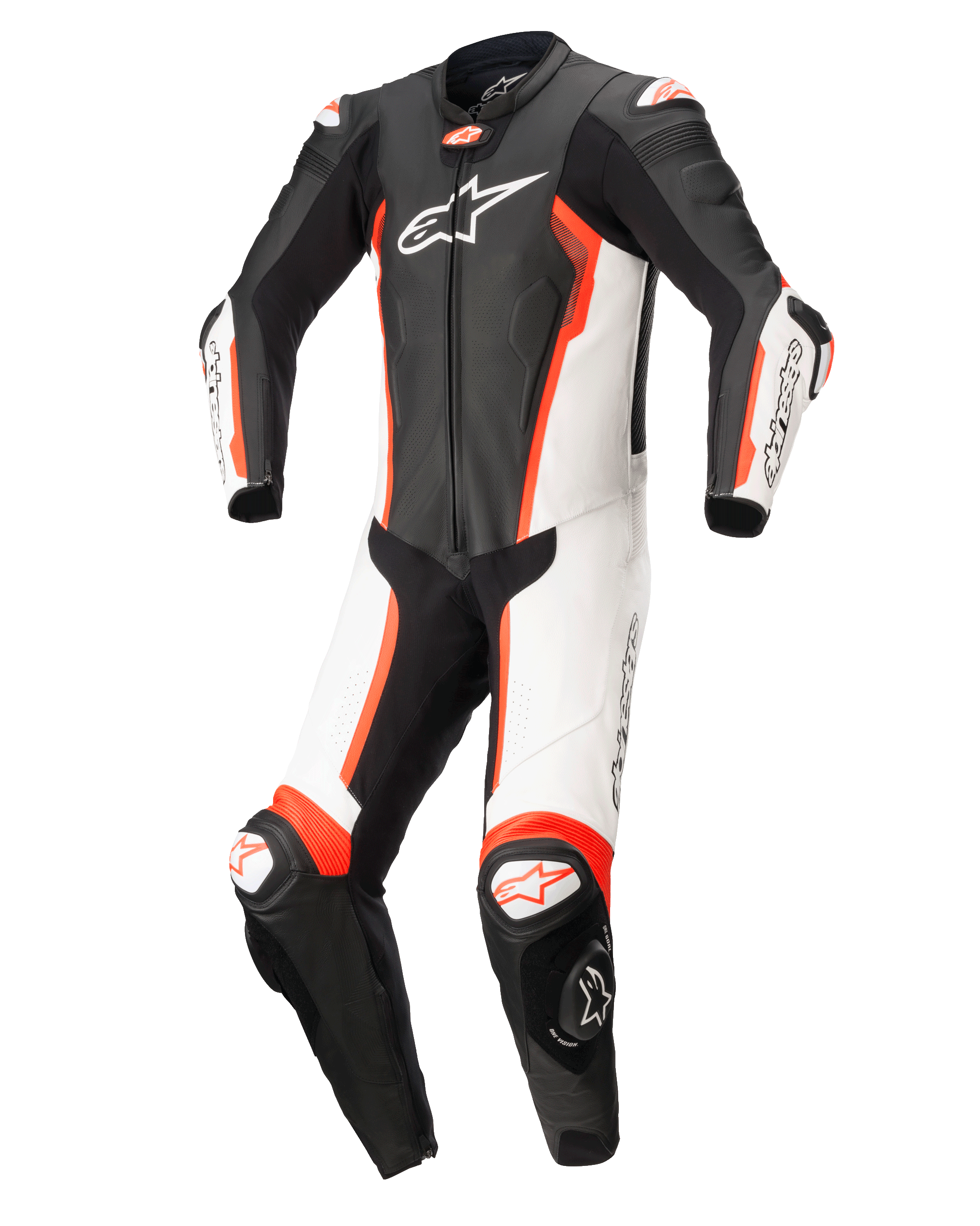 Alpinestars Missile V2 endelat skinnställ, racing-skinnställ, svart, vitt och röd fluo, med en förformad ergonomisk design, vita och svarta paneler, livfulla detaljer i röd fluo, framträdande Alpinestars-logotyp på bröstet och knäpuckar, framtaget för högpresterande racing