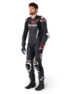 Alpinestars GP-R7 1PC Leather Suit, black and red fluo motorcycle racing gear for men with perforated construction.