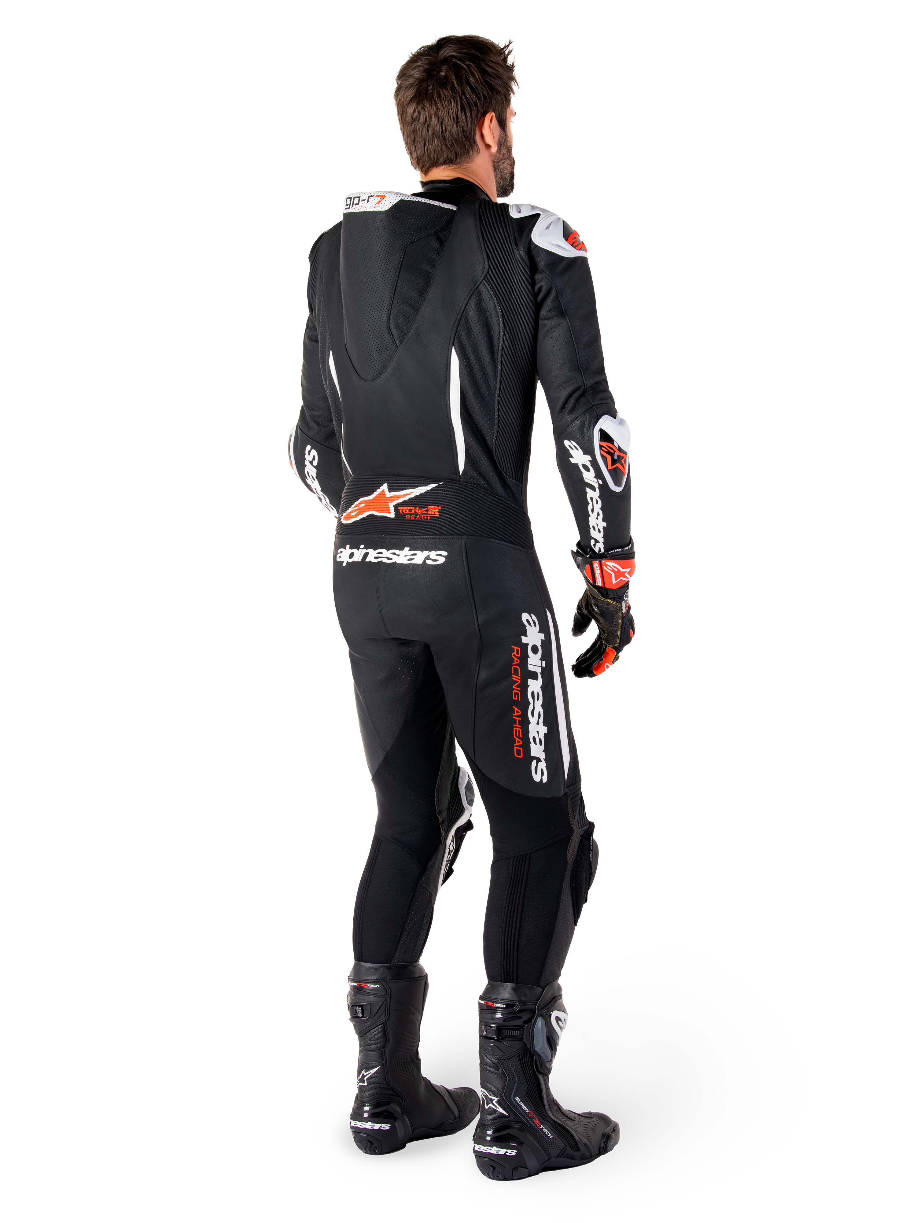 Alpinestars GP-R7 One Piece Leather Suit, Men's racing suit in Black and Red Fluo, with speed hump and Tech-Air Ready logo.