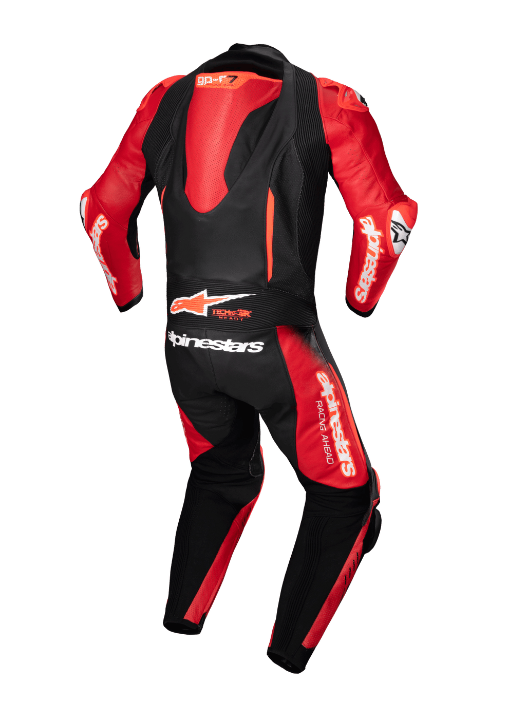 Alpinestars GP-R7 1-delat skinnställ, motorcykelracingställ i svart och rött läder, med aerodynamisk puckel och Tech-Air Ready-logotyp, baksida.