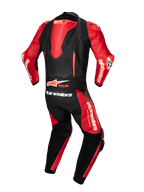 Alpinestars GP-R7 1-delat skinnställ, motorcykelracingställ i svart och rött läder, med aerodynamisk puckel och Tech-Air Ready-logotyp, baksida.