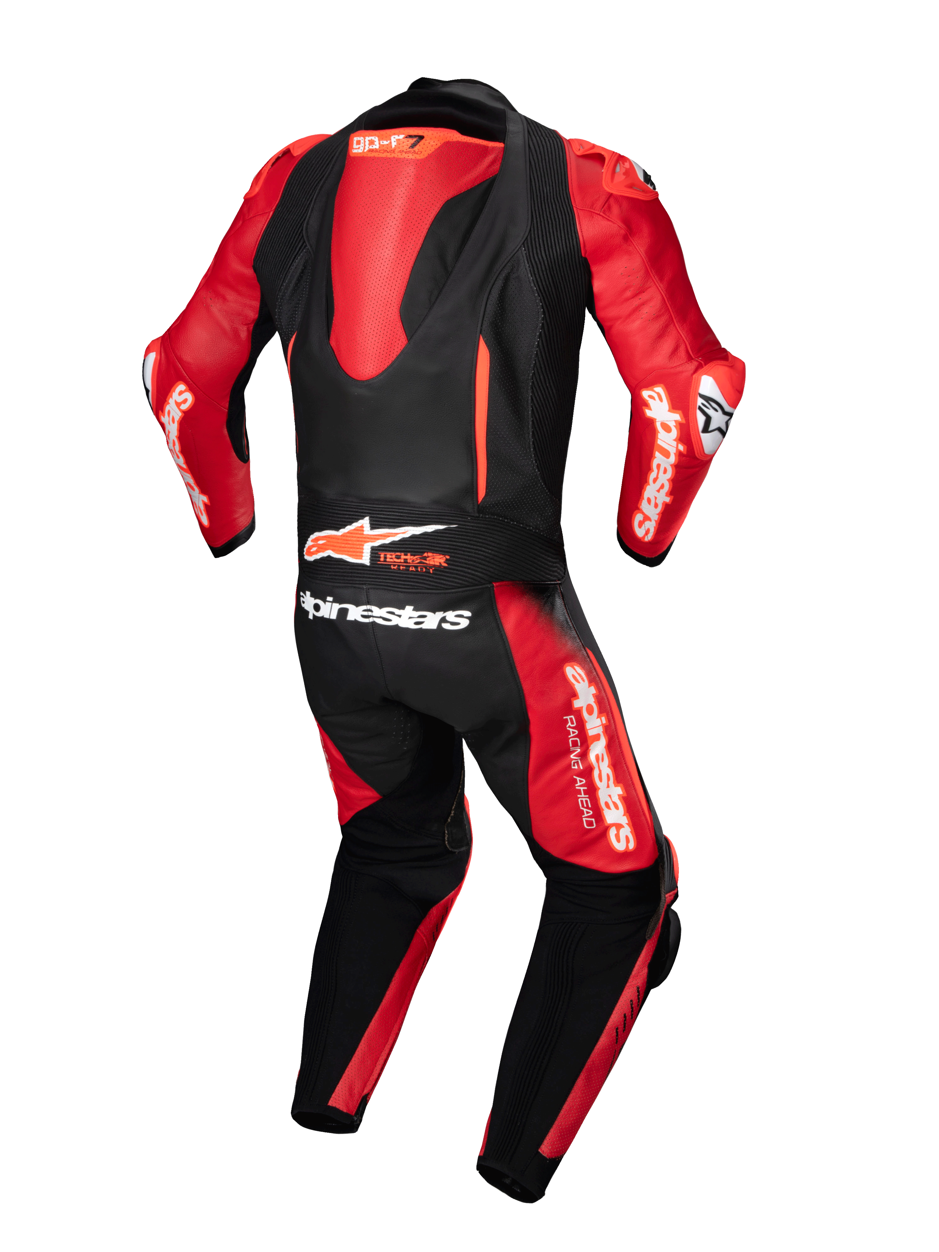 Alpinestars GP-R7 1-delat skinnställ, motorcykelracingställ i svart och rött läder, med aerodynamisk puckel och Tech-Air Ready-logotyp, baksida.