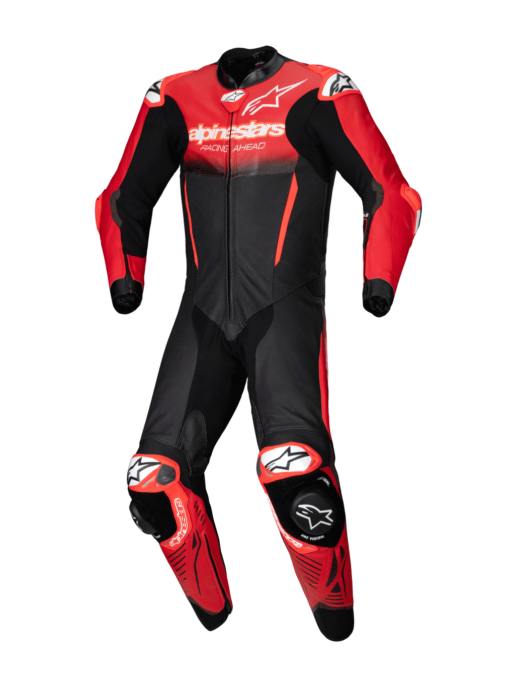 Alpinestars GP-R7 skinnställ, svart och röd racingoverall i nötläder, CE AAA-certifierad för motorcykelracing.