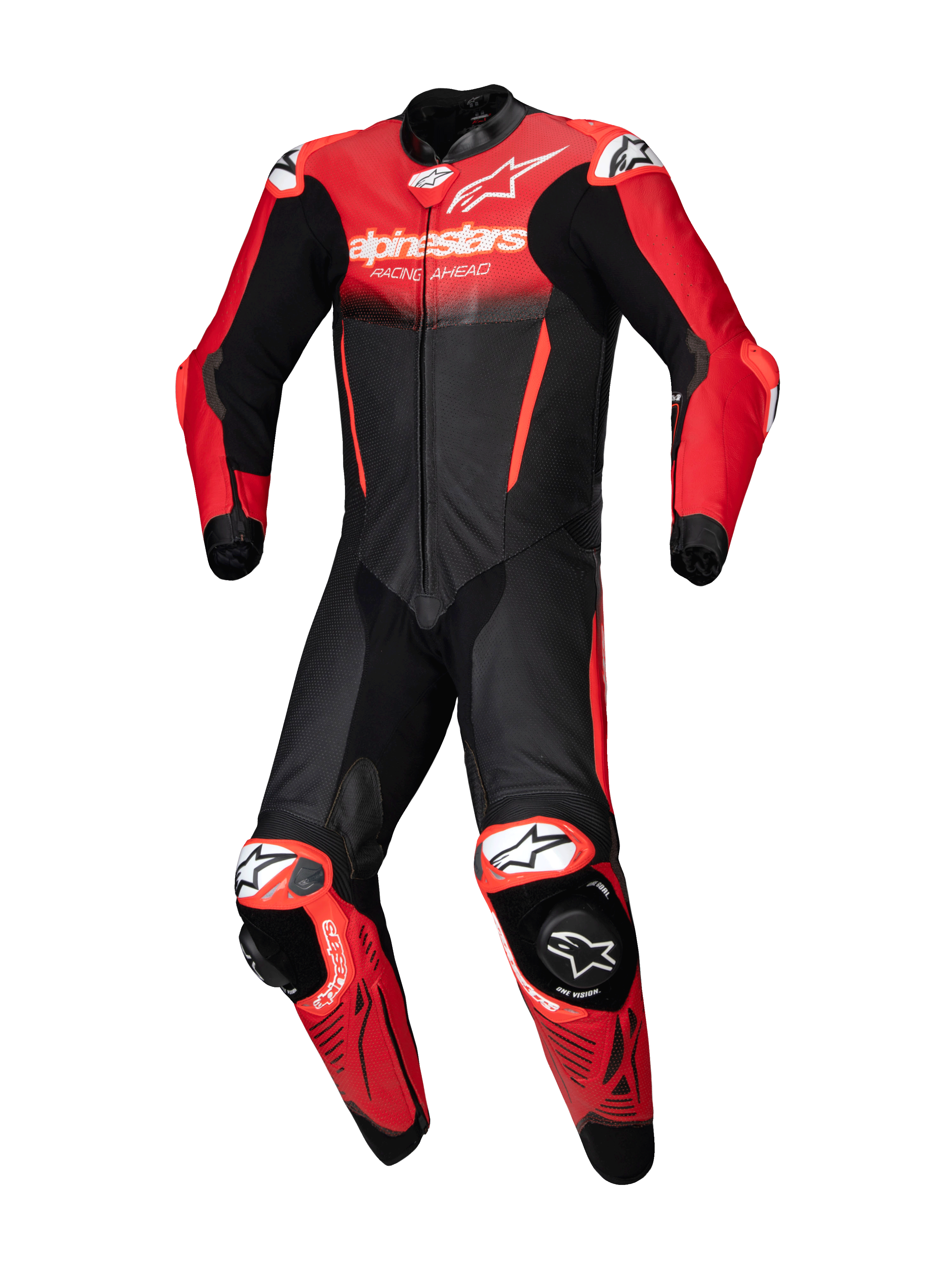 Alpinestars GP-R7 skinnställ, svart och röd racingoverall i nötläder, CE AAA-certifierad för motorcykelracing.