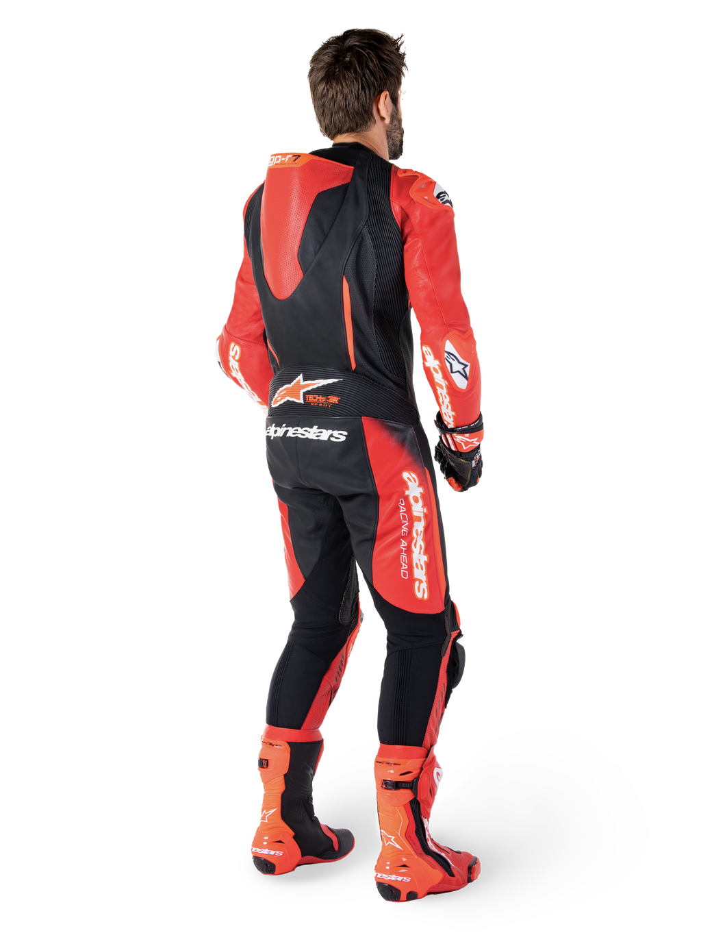 Alpinestars GP-R7 skinnställ, racingoverall för motorcykel, svart och röd, aerodynamisk puckel, läder
