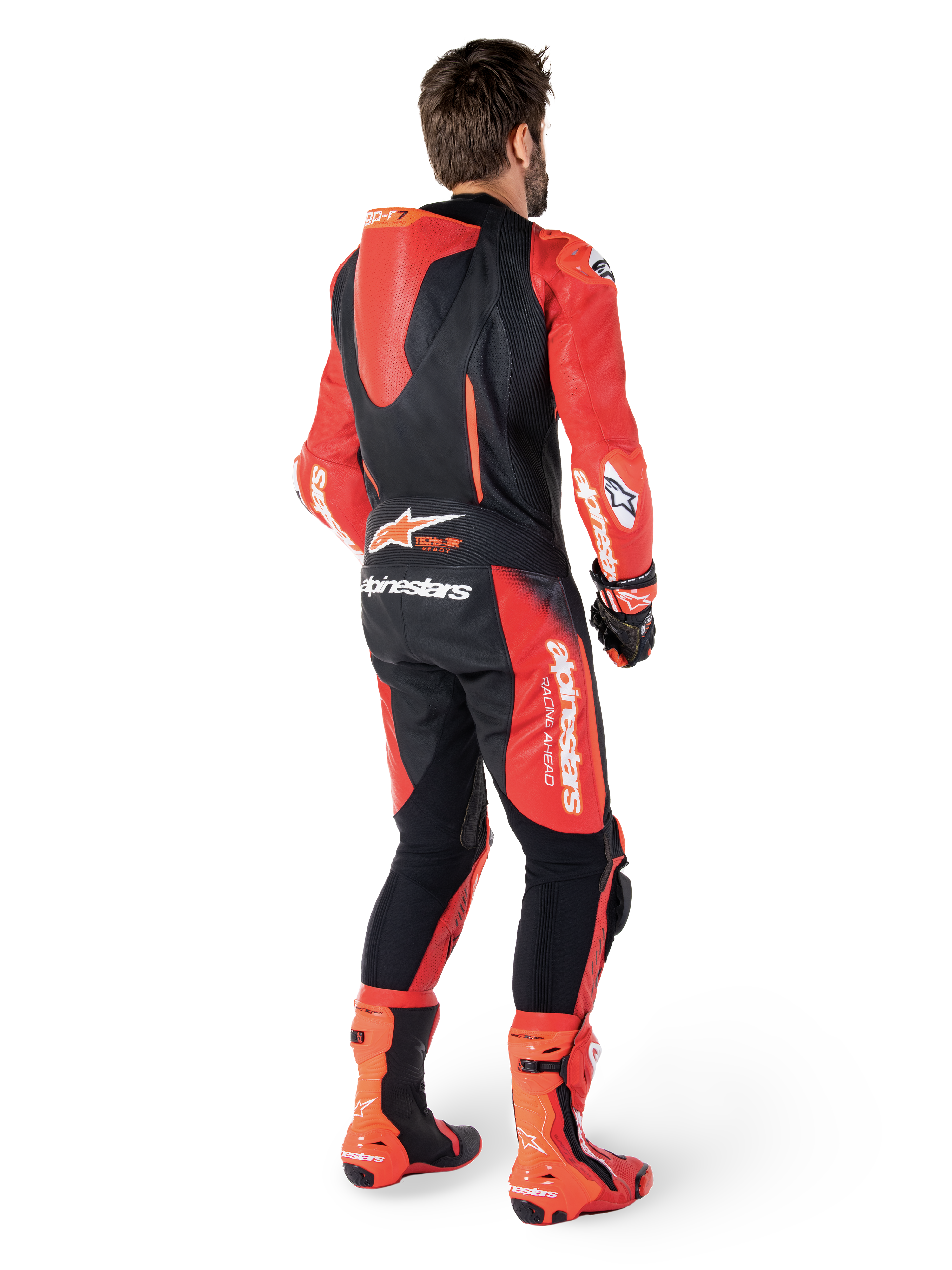 Alpinestars GP-R7 skinnställ, racingoverall för motorcykel, svart och röd, aerodynamisk puckel, läder