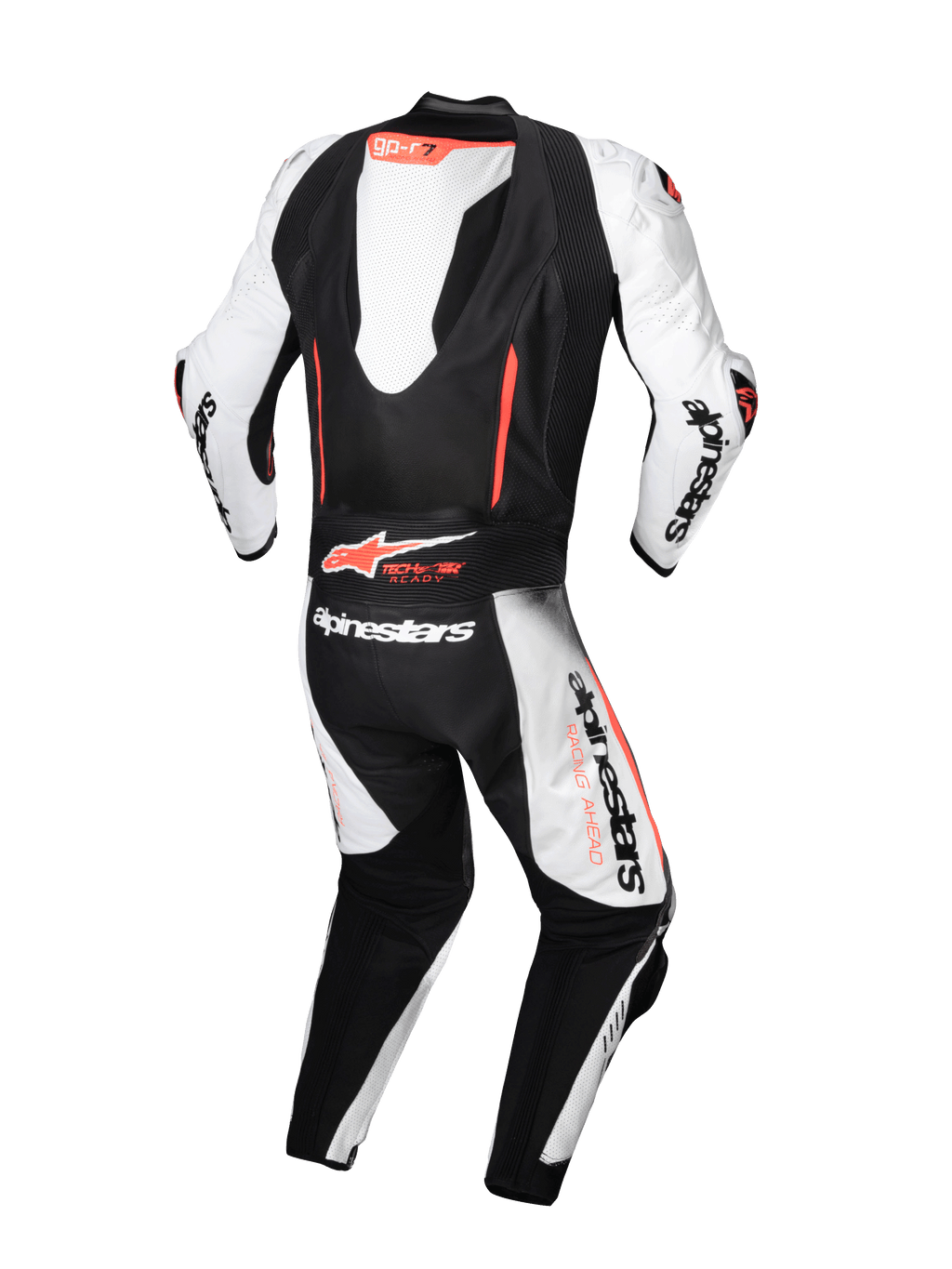 Alpinestars GP-R7 skinnställ 1-styck, motorcykelracingställ i vit och svart med röda fluo-detaljer, vy bakifrån med aerodynamisk puckel, Tech-Air®-kompatibelt, premium nötläder.