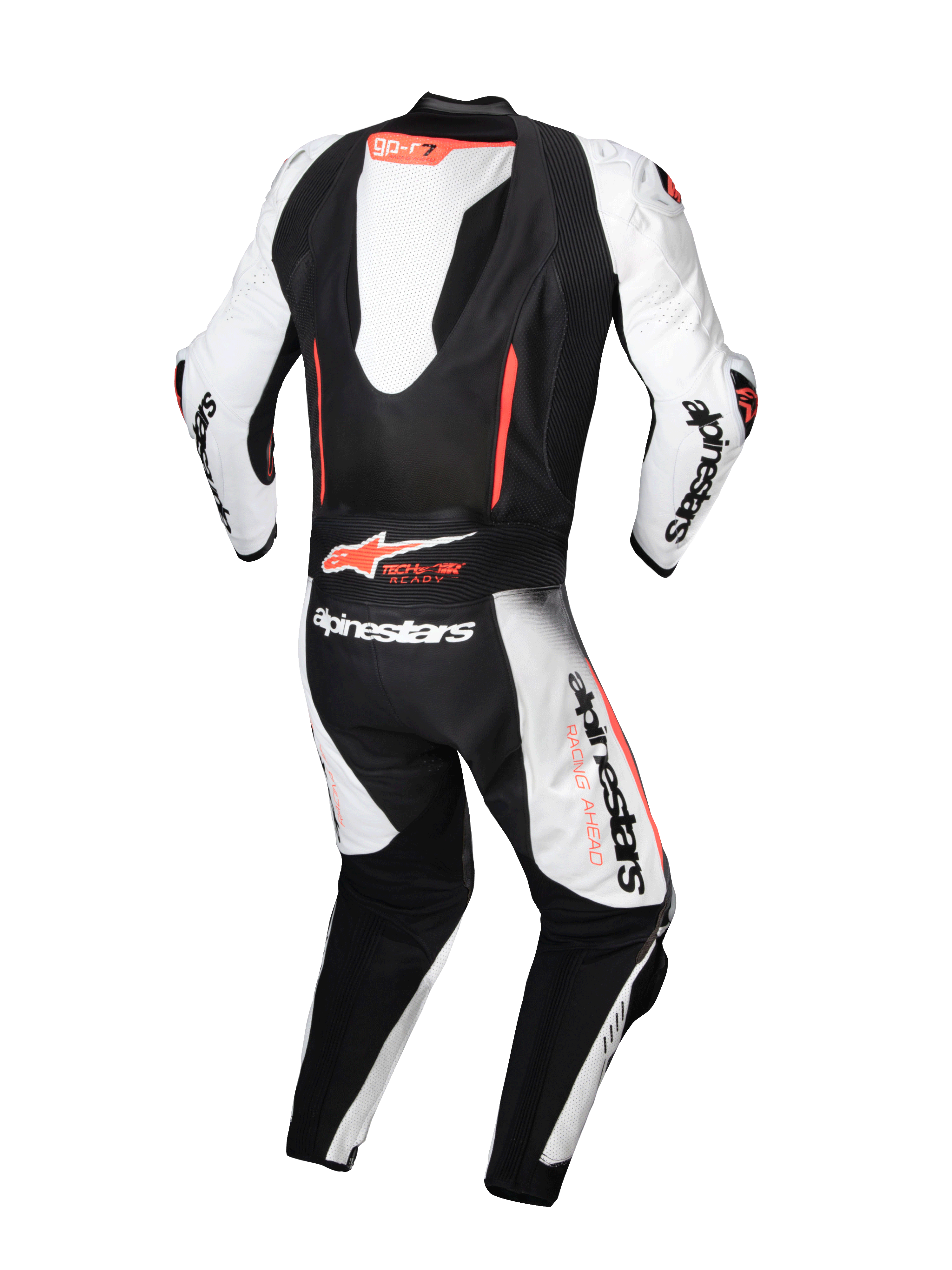 Alpinestars GP-R7 skinnställ 1-styck, motorcykelracingställ i vit och svart med röda fluo-detaljer, vy bakifrån med aerodynamisk puckel, Tech-Air®-kompatibelt, premium nötläder.