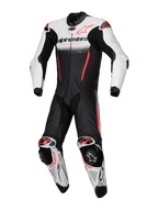 Alpinestars GP-R7 skinnställ 1-styck, racingoverall för motorcykel, vit, svart och röd fluo, premium nötläder, Tech-Air® Ready, CE-certifierad AAA.