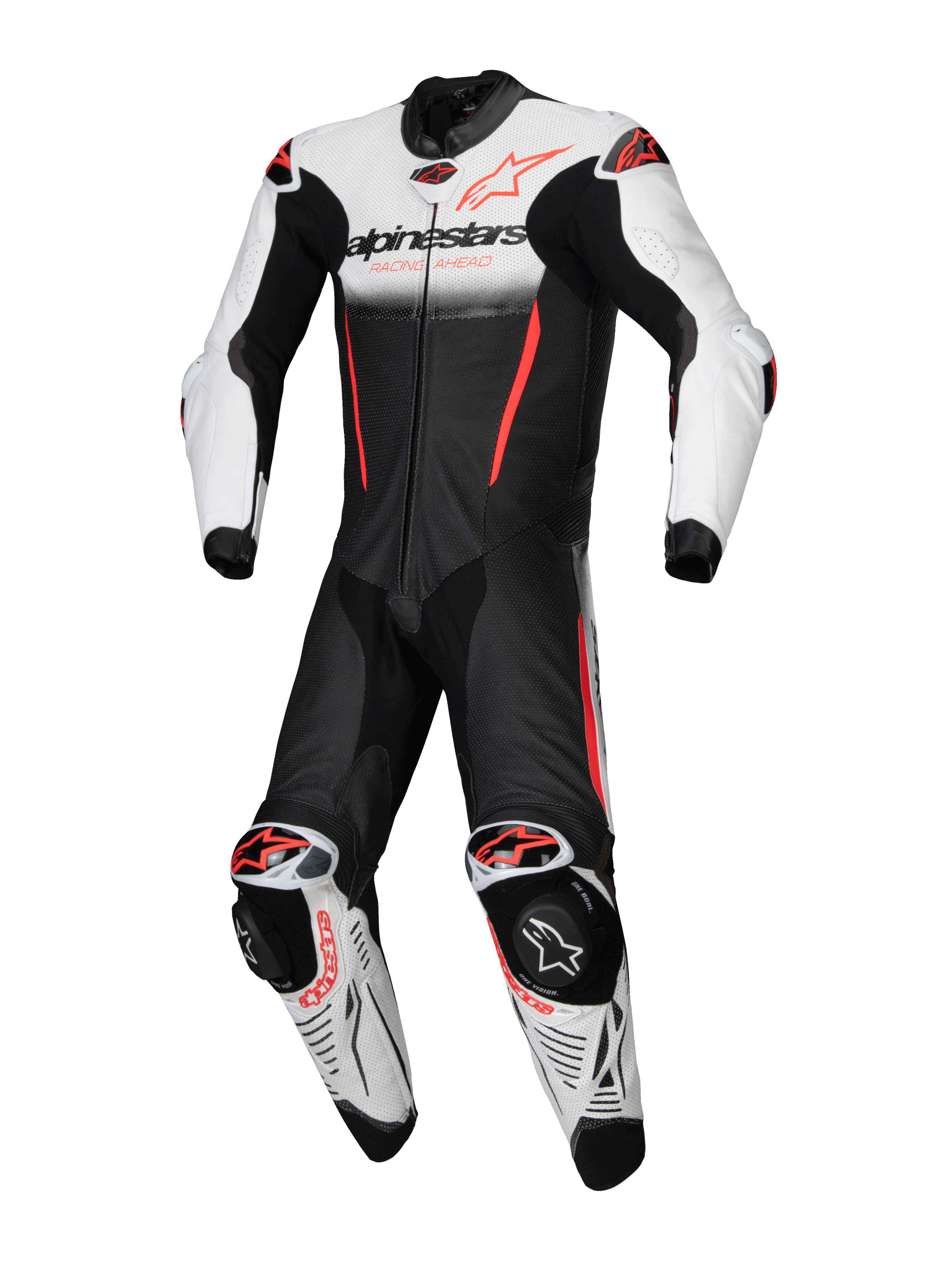 Alpinestars GP-R7 skinnställ 1-styck, racingoverall för motorcykel, vit, svart och röd fluo, premium nötläder, Tech-Air® Ready, CE-certifierad AAA.