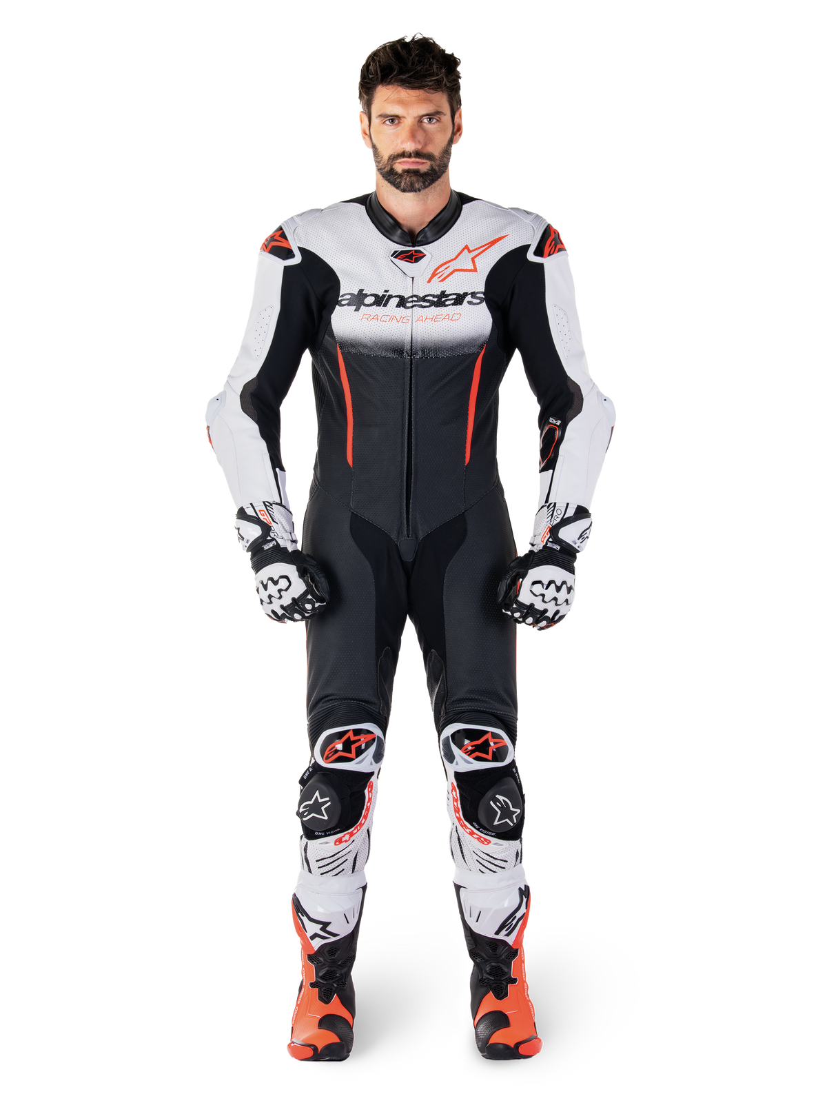 Alpinestars GP-R7 1-Piece Leather Suit in White, Black and Red Fluo, premium leather motorcycle racing gear for men.