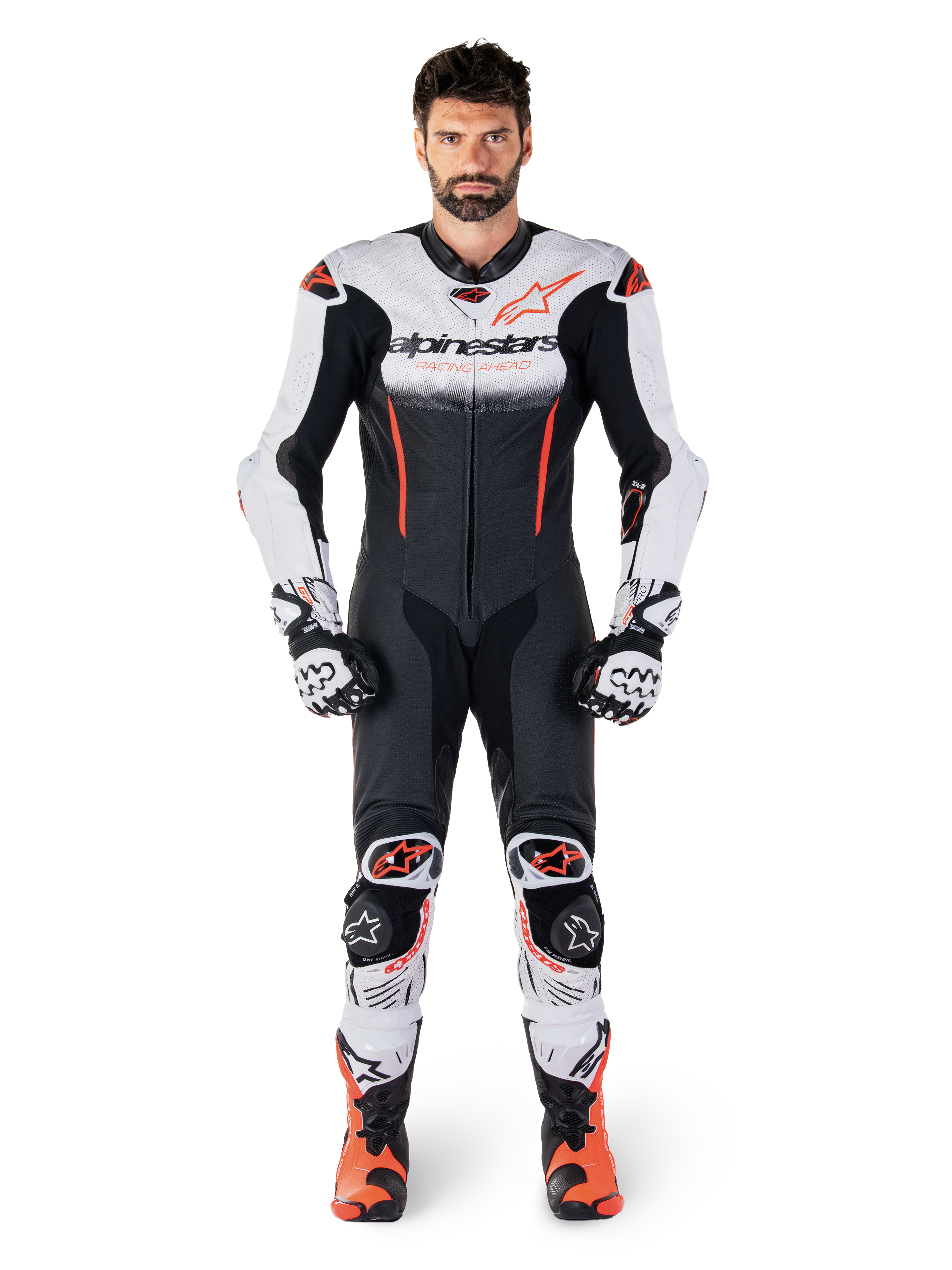 Alpinestars GP-R7 skinnställ 1-styck, Tech-Air® Ready racingoverall för herr, vit, svart och röd fluo, bärs av förare.