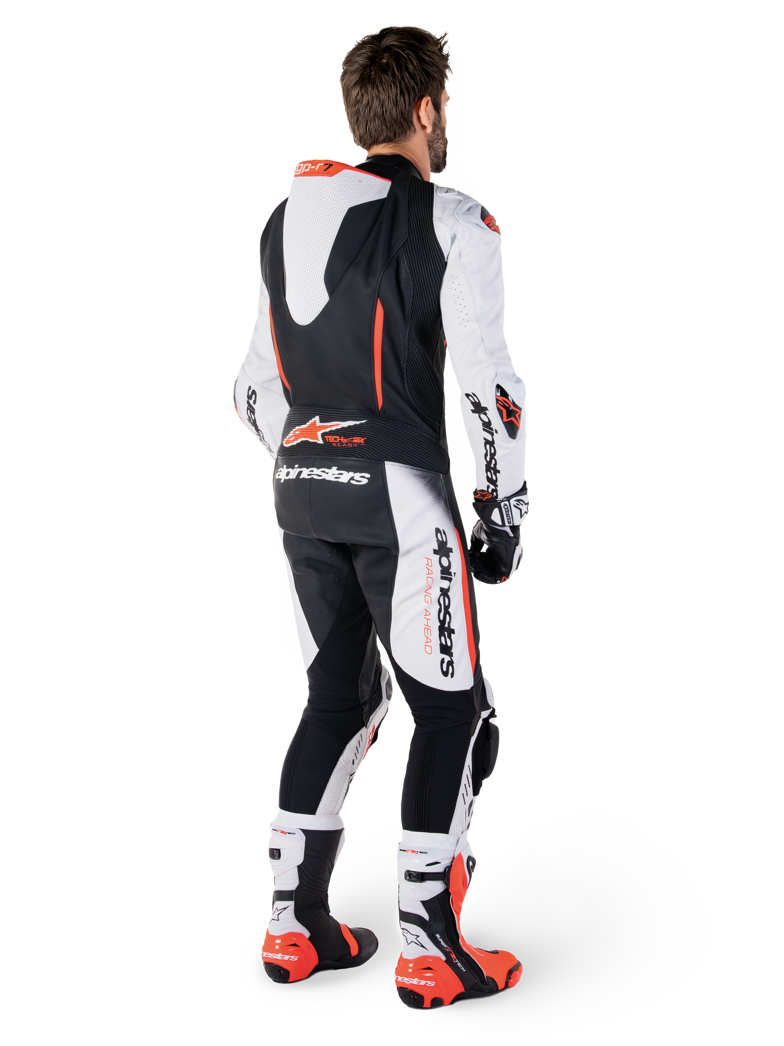 Alpinestars GP-R7 Skinnställ 1-styck, racingoverall för herr, vit och svart, med aerodynamisk puckel bak