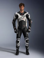Alpinestars GP Plus V4 Sprint 1-Piece Leather Suit, motorcycle racing gear for men, Black, White and Red Fluo.