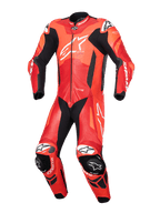 Alpinestars GP Plus V4 Sprint skinnställ 1-styck, motorcykelracingställ för herr, röd fluo och vit, perforerat läder, Tech-Air® Ready, aerodynamisk puckel och CE-certifierade skydd.