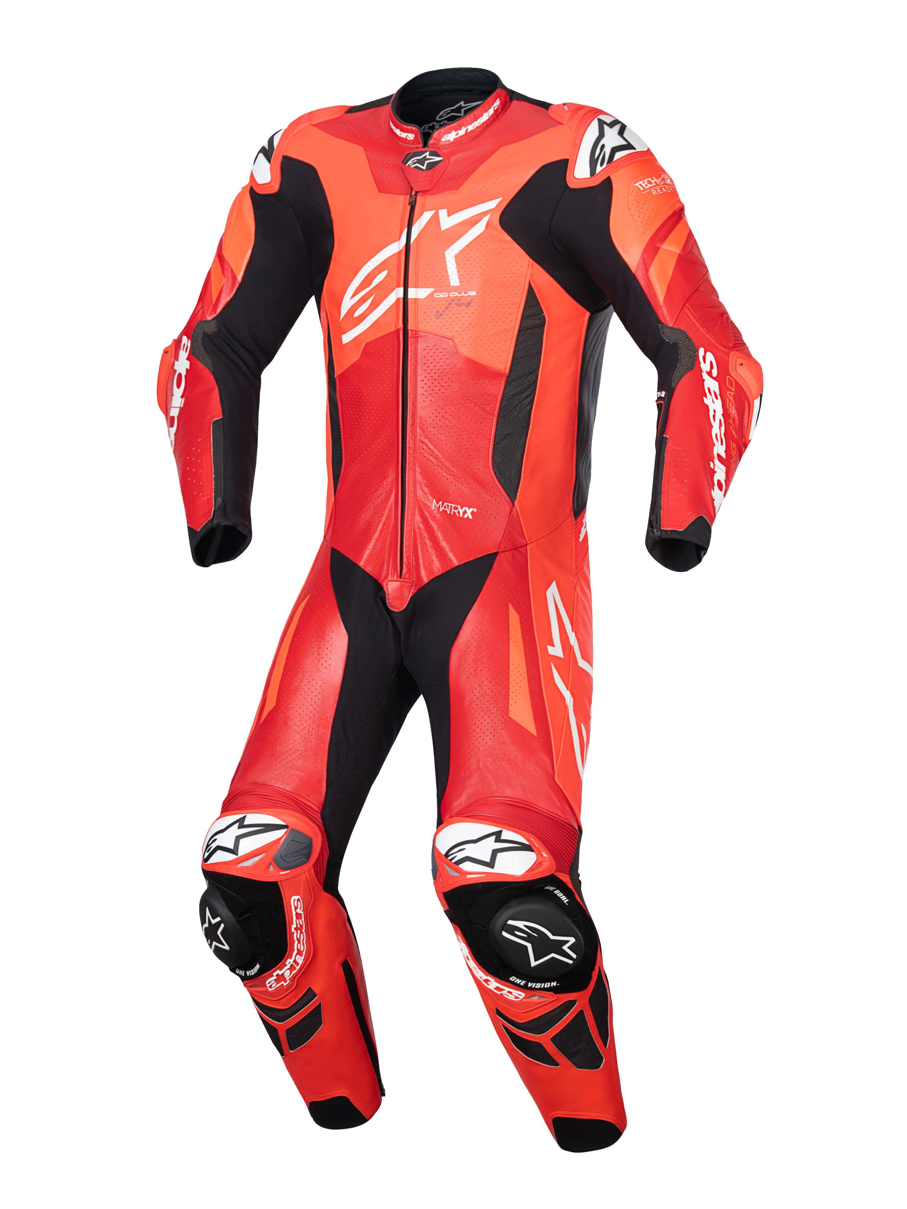 Alpinestars GP Plus V4 Sprint skinnställ 1-styck, motorcykelracingställ för herr, röd fluo och vit, perforerat läder, Tech-Air® Ready, aerodynamisk puckel och CE-certifierade skydd.