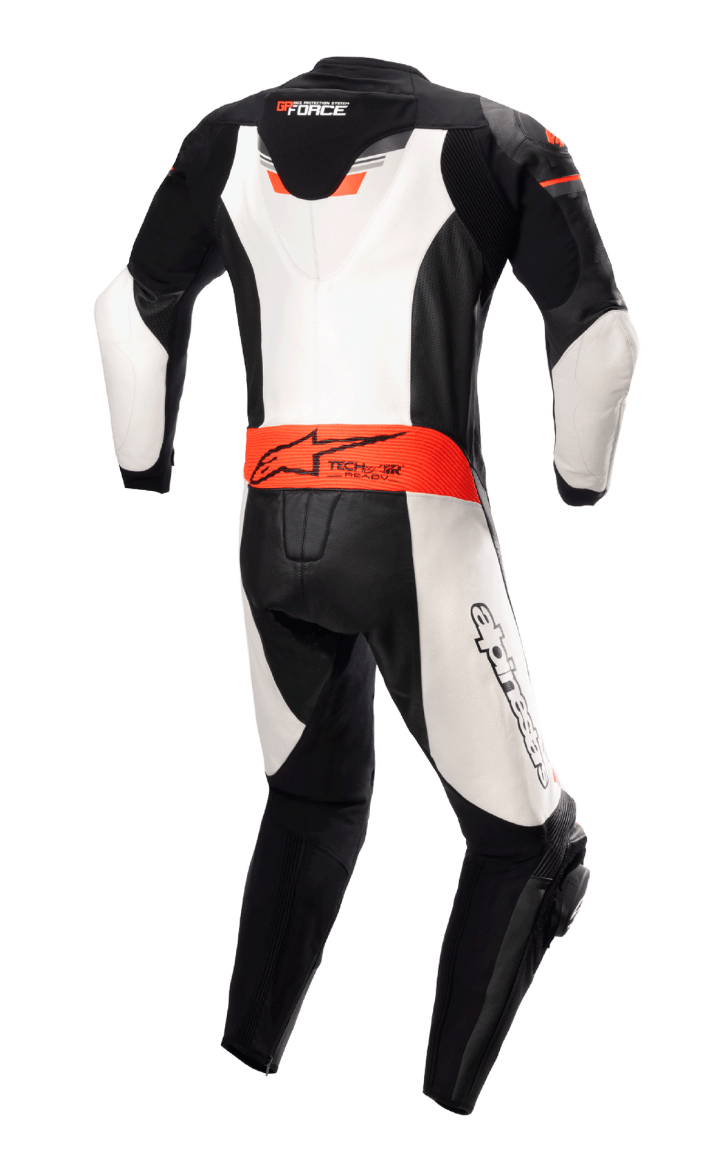 Alpinestars GP Force Chaser skinnställ, sedd bakifrån, svart, vit och fluorescerande röd, med aerodynamisk ryggpuckel, Tech-Air Ready-märkning i midjan och vita läderpaneler, professionellt racingställ i nötläder