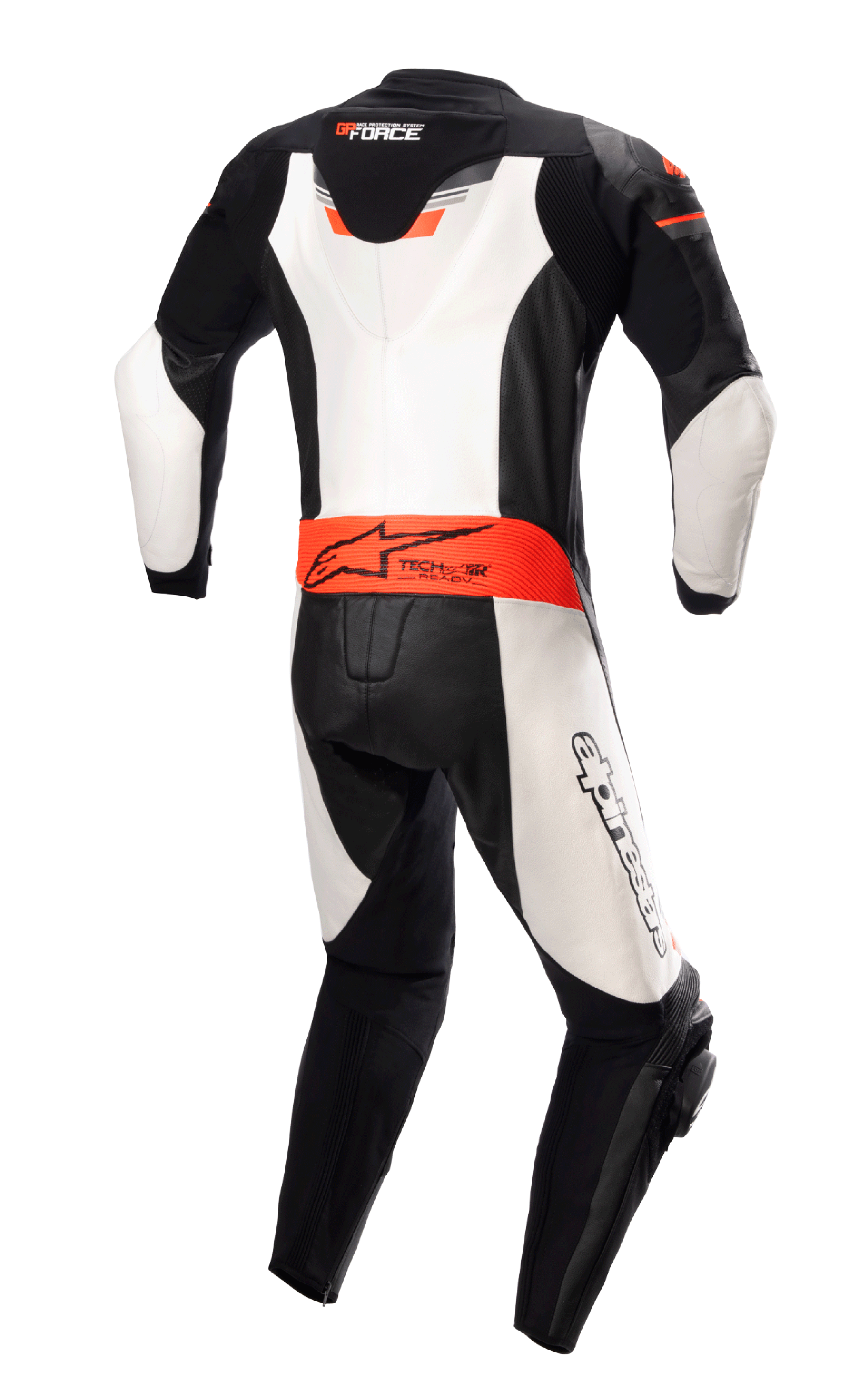 Alpinestars GP Force Chaser skinnställ, sedd bakifrån, svart, vit och fluorescerande röd, med aerodynamisk ryggpuckel, Tech-Air Ready-märkning i midjan och vita läderpaneler, professionellt racingställ i nötläder