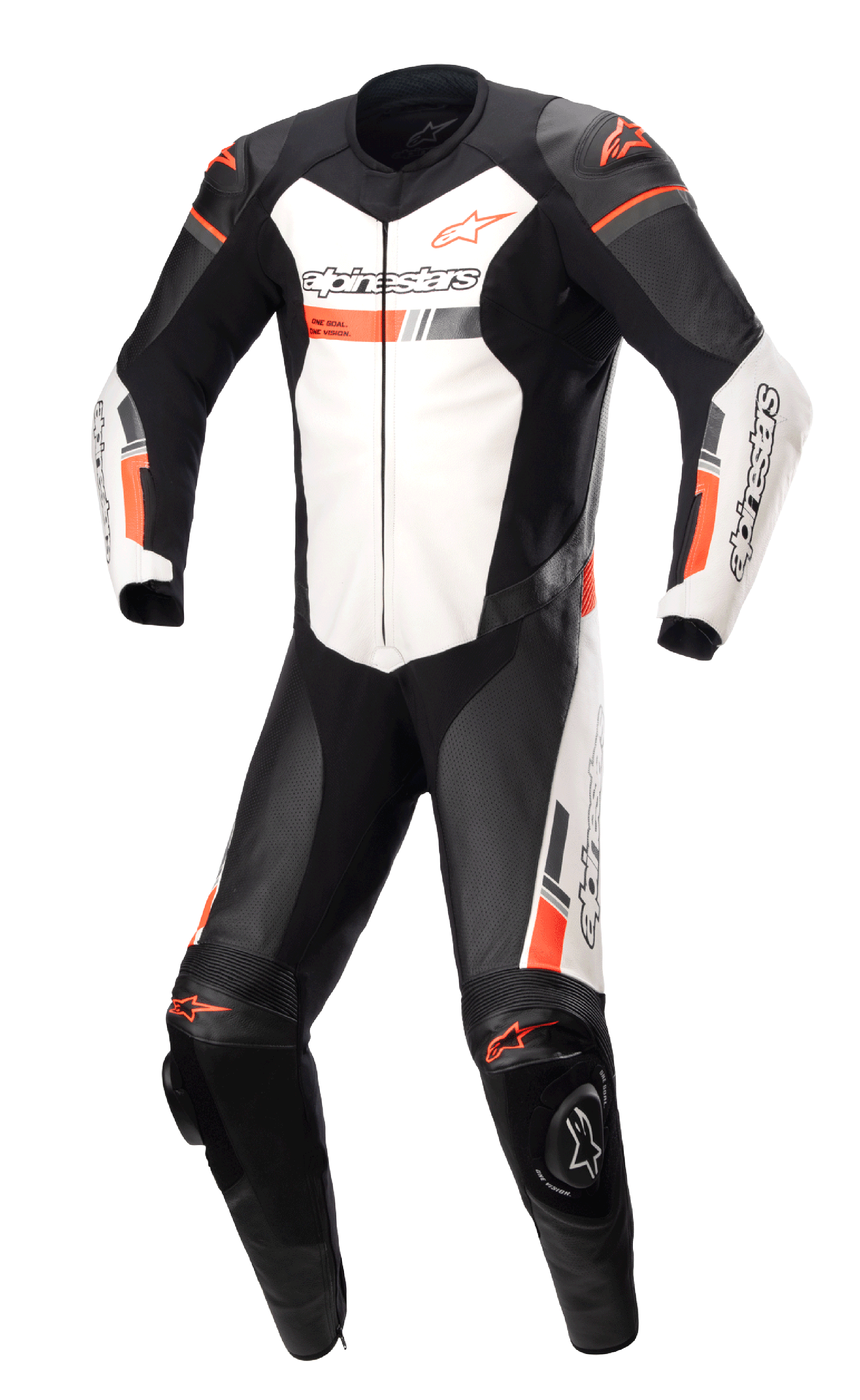 Alpinestars GP Force Chaser skinnställ, professionell racingoverall för motorcykel, svart och vit med fluorescerande röda detaljer, perforerade läderpaneler, externa axel- och knäskydd, tillverkat i nötläder