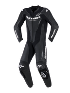 Alpinestars GP Force V2 Leather Suit - 1Piece, Black, professional one-piece motorcycle racing suit with white Alpinestars branding on chest and sleeves, perforated leather panels for ventilation, accordion stretch sections, and integrated knee sliders, front view.