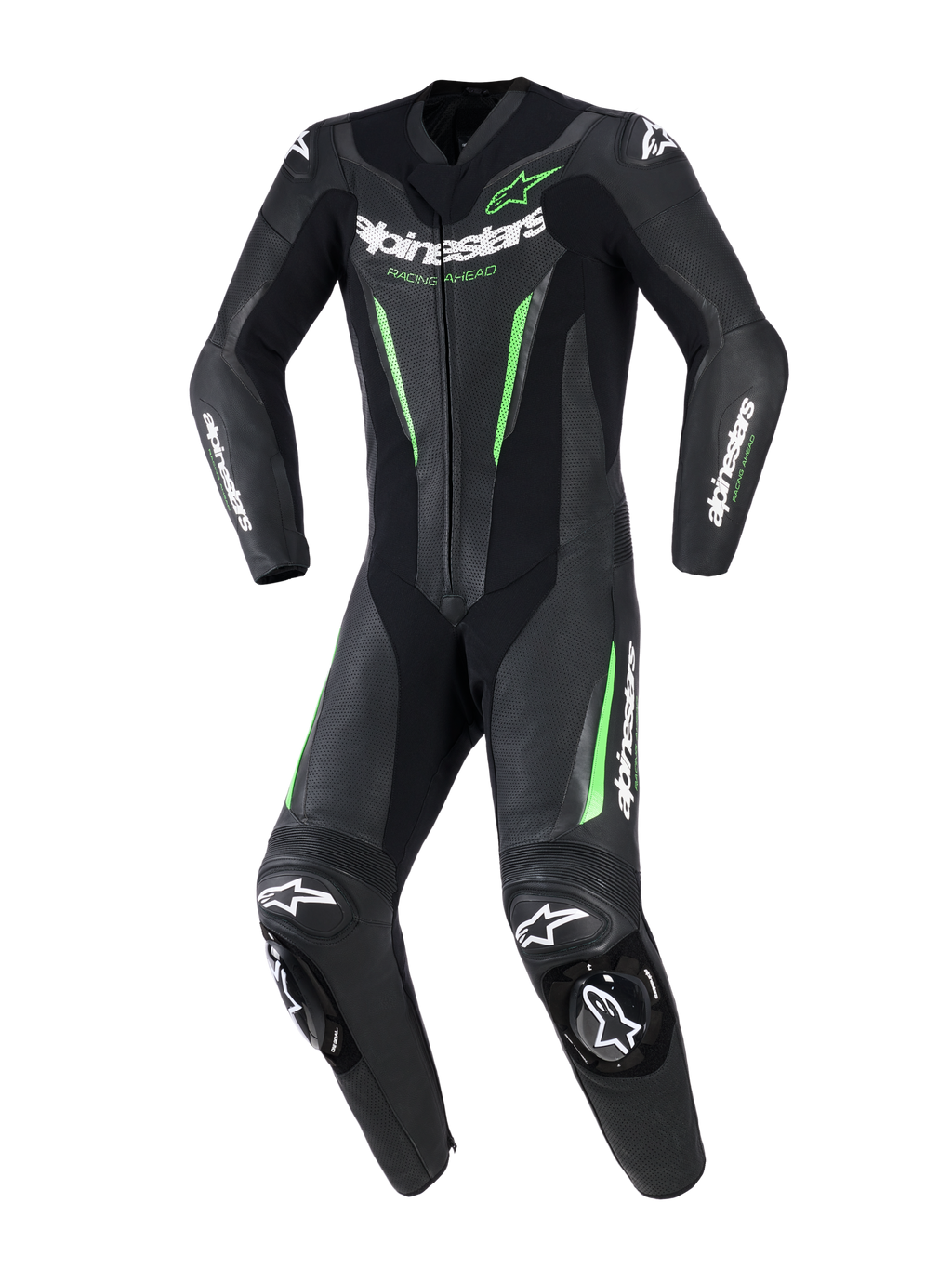 Alpinestars GP Force V2 skinnställ - 1 del, motorcykelställ för racing i ett stycke, svart med neongröna detaljer och vit logotyp, med perforerade läderpaneler, DFS Lite externa sliders på axlar och knän och en dedikerad sport-fit-design.