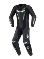 Alpinestars GP Force V2 skinnställ - 1 del, motorcykelställ för racing i ett stycke, svart med neongröna detaljer och vit logotyp, med perforerade läderpaneler, DFS Lite externa sliders på axlar och knän och en dedikerad sport-fit-design.