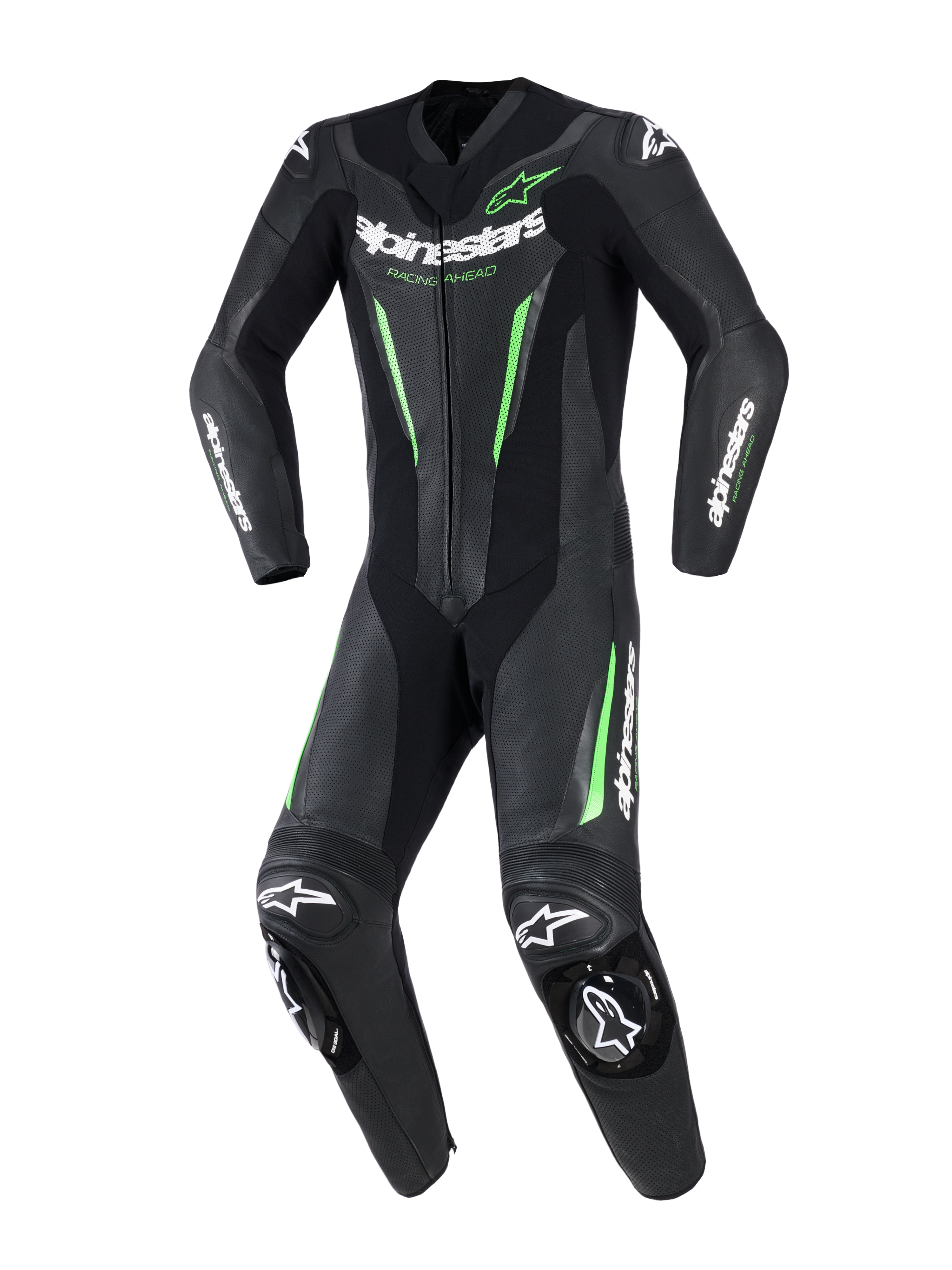 Alpinestars GP Force V2 skinnställ - 1 del, motorcykelställ för racing i ett stycke, svart med neongröna detaljer och vit logotyp, med perforerade läderpaneler, DFS Lite externa sliders på axlar och knän och en dedikerad sport-fit-design.