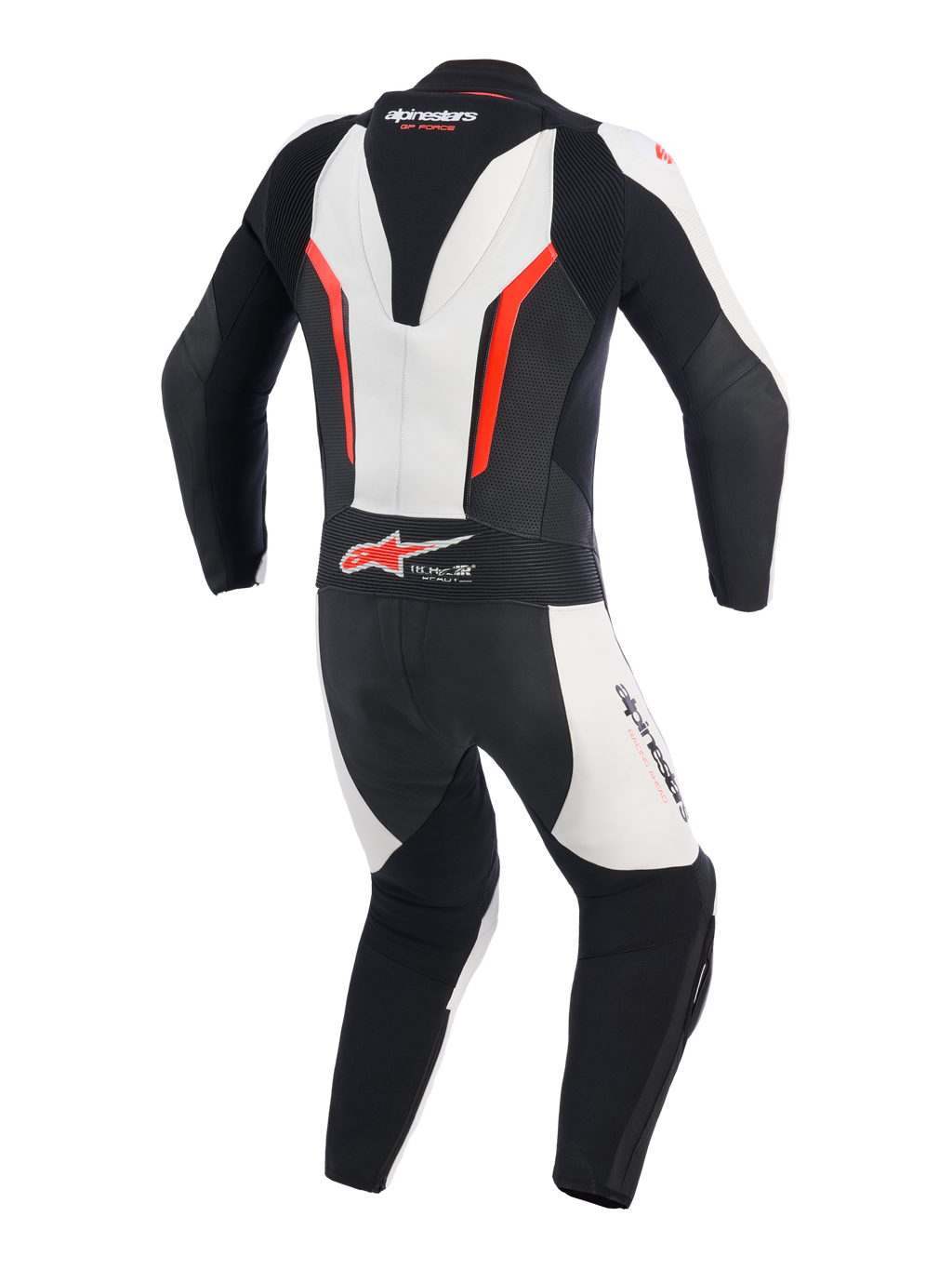 Alpinestars GP Force V2 skinnställ i ett stycke, vit, svart och röd fluo, baksida som visar aerodynamisk speedpuckel, dragspelspaneler i läder vid axlarna och ländryggen, perforerade zoner för ventilation och Tech-Air Ready-logotyp, professionellt racingställ för bankörning