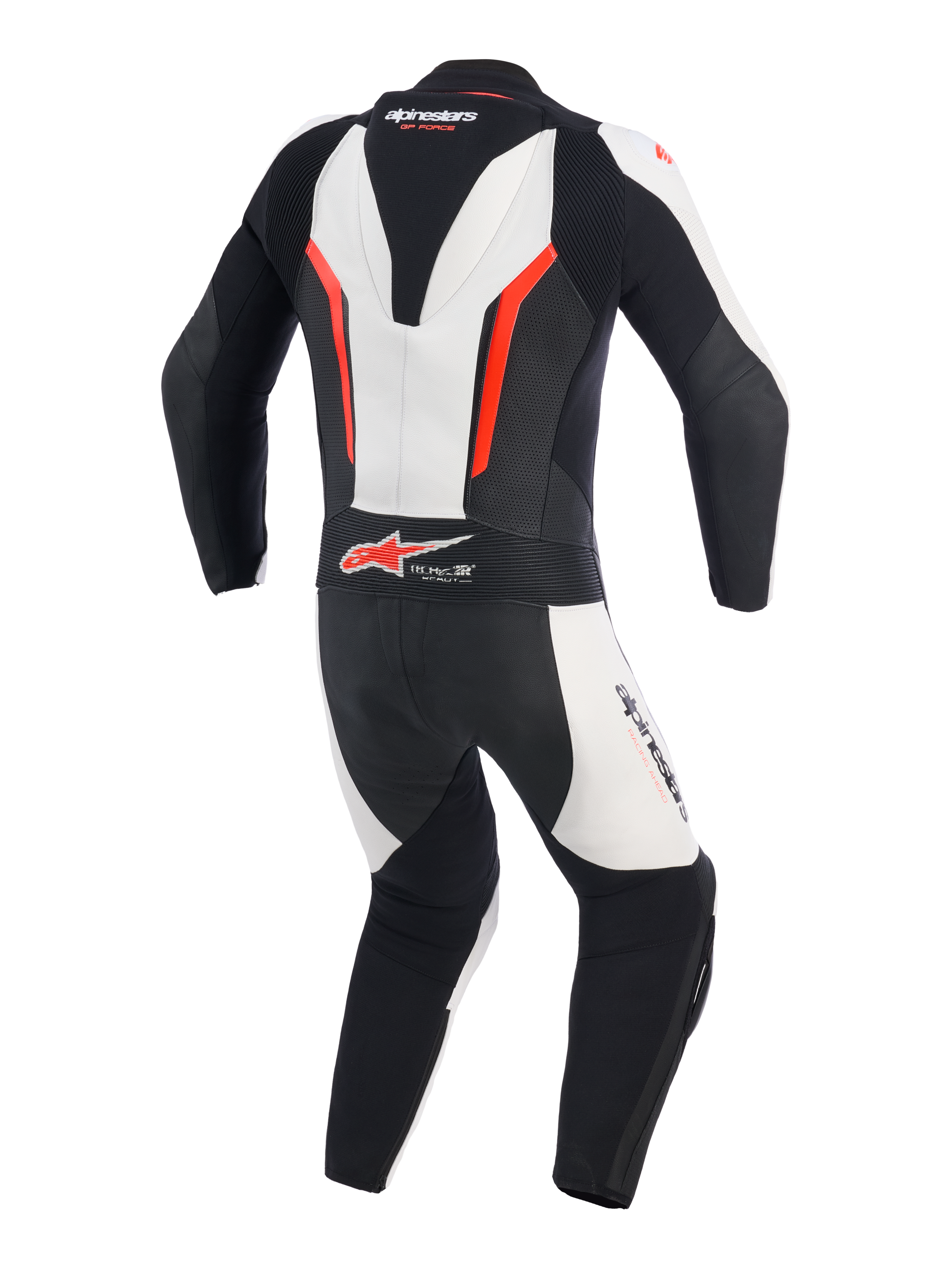 Alpinestars GP Force V2 skinnställ i ett stycke, vit, svart och röd fluo, baksida som visar aerodynamisk speedpuckel, dragspelspaneler i läder vid axlarna och ländryggen, perforerade zoner för ventilation och Tech-Air Ready-logotyp, professionellt racingställ för bankörning